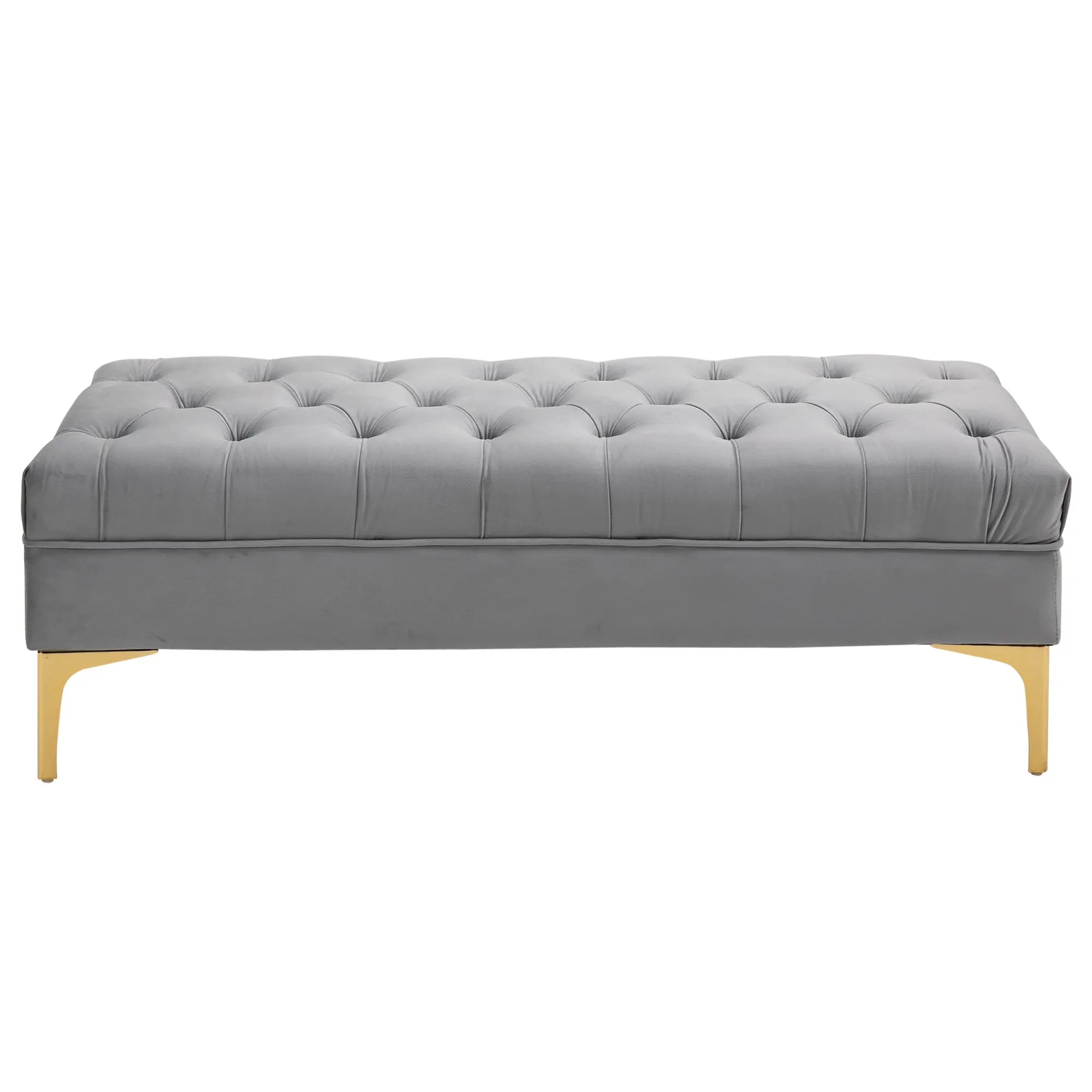 Banc banquette capitonnée bout de lit style classique chic dim. 118L x 45l x 42H cm piètement métal doré velours gris clair