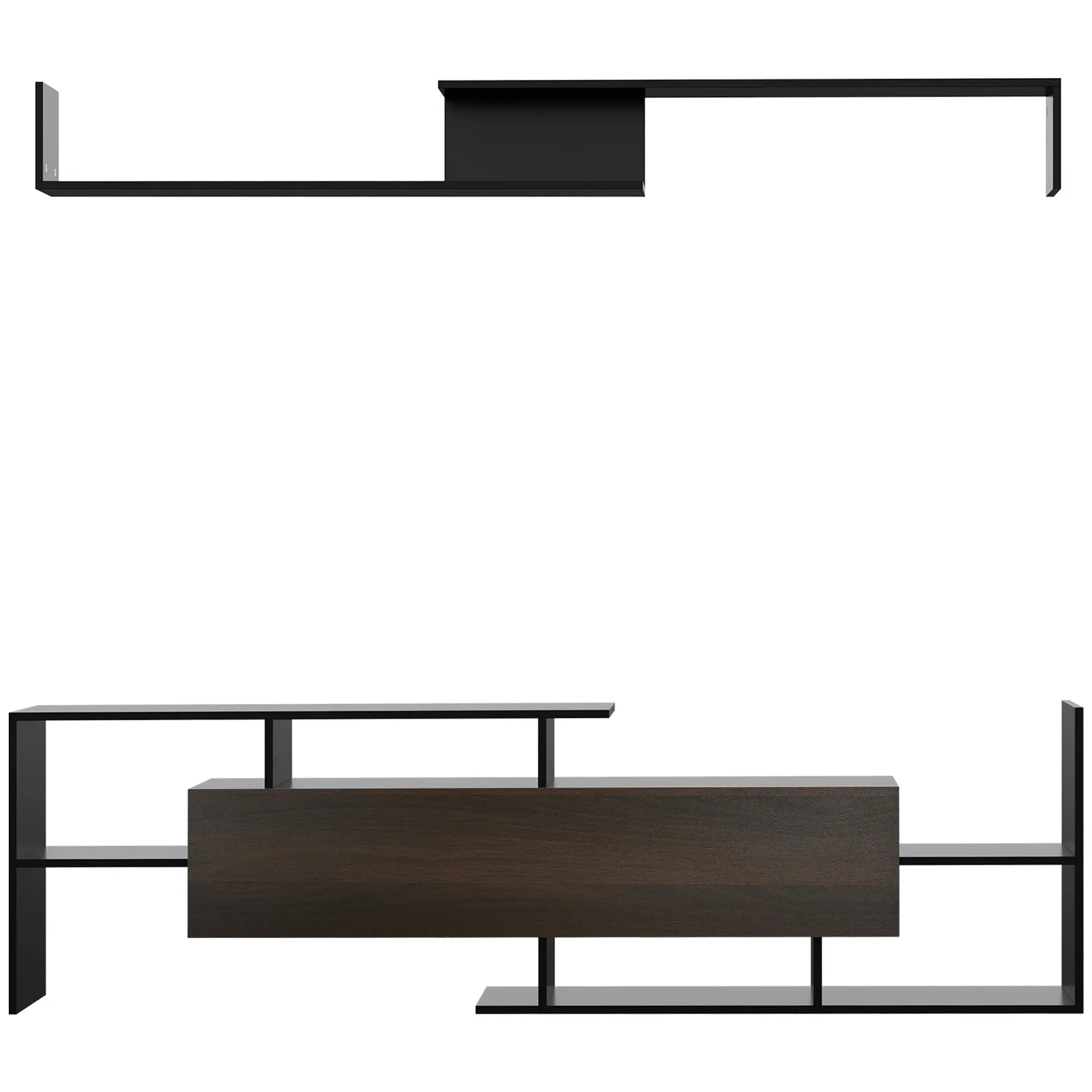 Ensemble meuble TV avec banc et étagère murale style contemporain 153,6L cm - noir