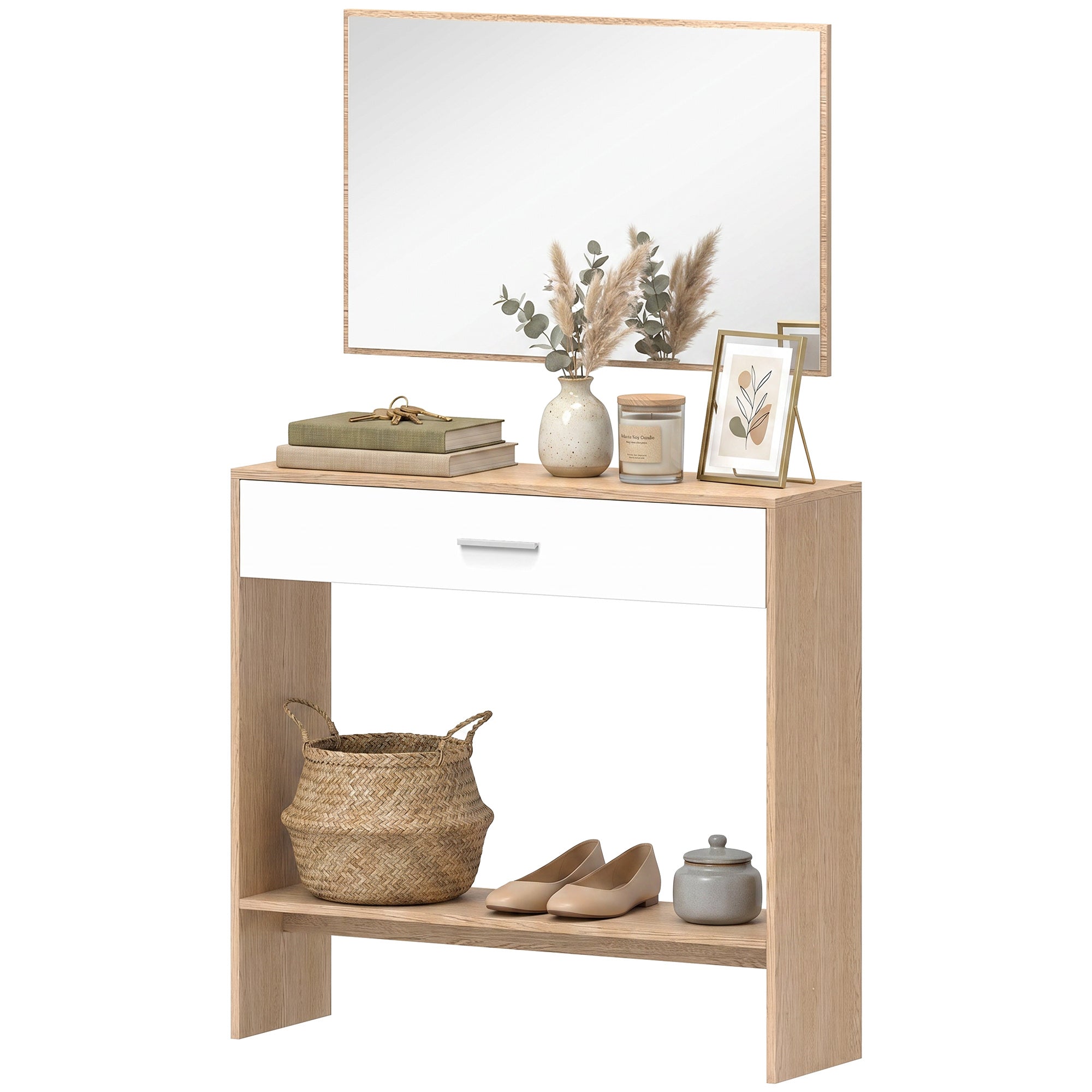 Console meuble + miroir, table console étroite avec tiroir et étagère, style moderne, table d'entrée, couloir, salon, petits espaces, 91,5 x 27,9 x 85,5 cm, chêne