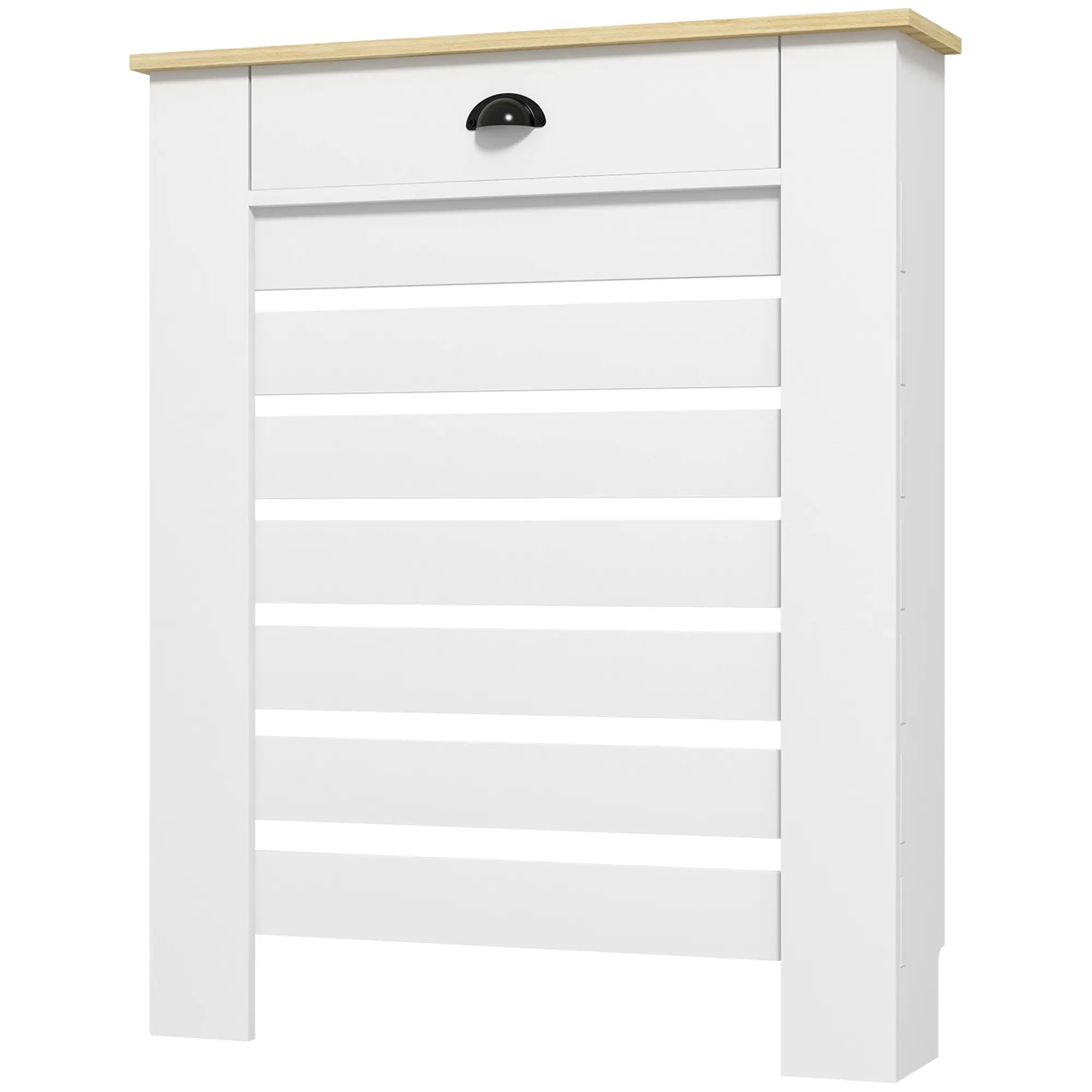 Couvercle de radiateur, cache radiateur, grille à lattes horizontales, avec tiroir, pour salon, chambre à coucher, couloir, en bois, 78 x 19 x 95,5 cm, blanc