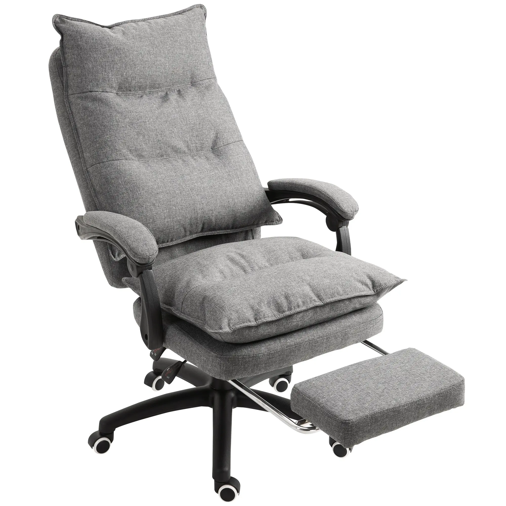 Fauteuil de bureau massant, chaise de bureau, chaise ergonomique avec hauteur réglable, dossier inclinable, repose-pied intégré et télécommande filaire, pivotant à 360°, toile de lin gris