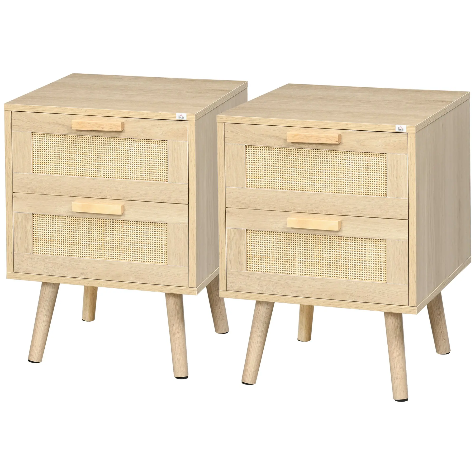 Lot de 2 tables de chevet, tables d'appoint, 2 tiroirs avec façades aspect cannage rotin, style bohème, tables de nuit, pieds en bois de pin, naturel