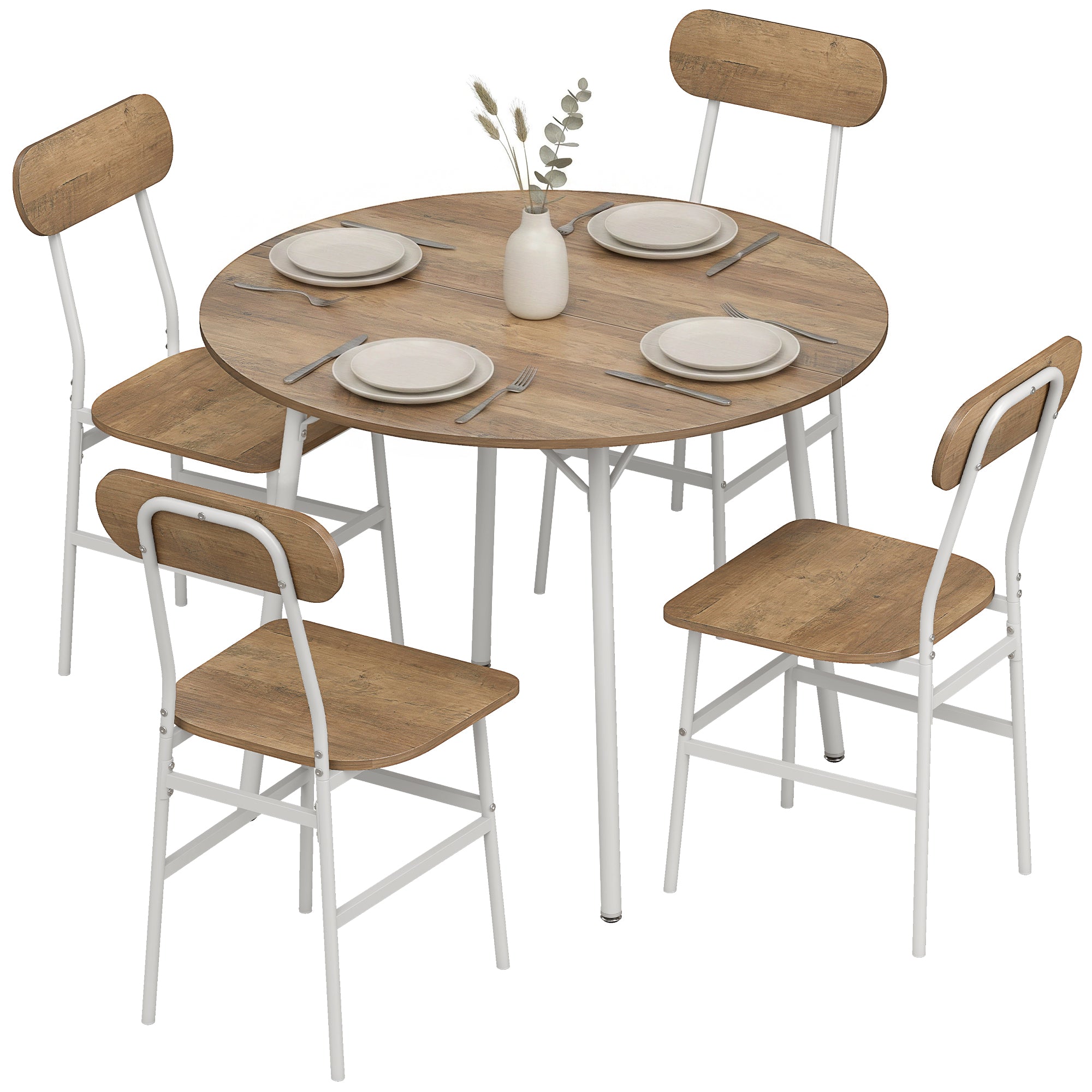 Ensemble table salle à manger avec 4 chaises, table de cuisine avec chaises pour 4 personnes, plateau rond  100 cm, cadre en métal, style industriel, pour salon, petit espace, bois naturel