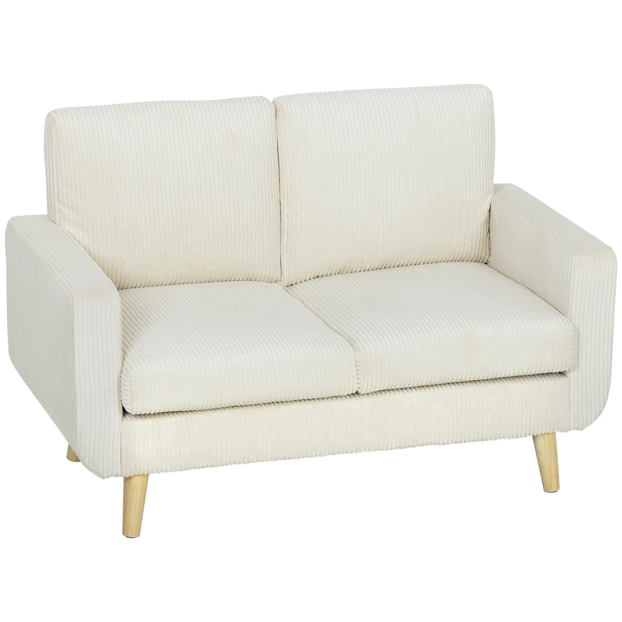 Canapé 2 places en velours côtelé, canapé de salon moderne 134 cm, assise rembourrée, coussin à ressorts, dossier épais, pieds en bois d'hévéa, pour chambre, appartement, petit espace, crème