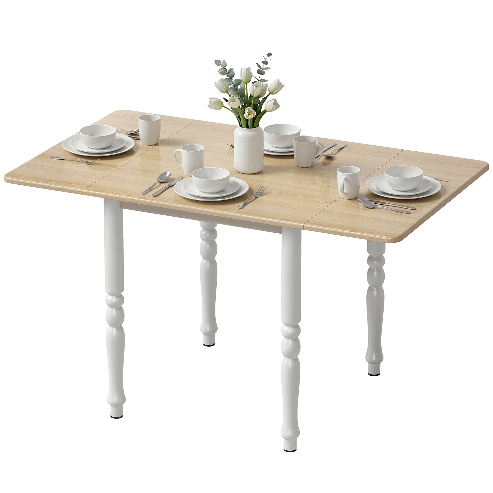 Table à manger pliante pour 4 à 6 personnes 74-134 cm, table de cuisine rectangulaire avec 2 abattants, pieds tournés en acier, pour petits espaces, salle à manger, effet bois naturel