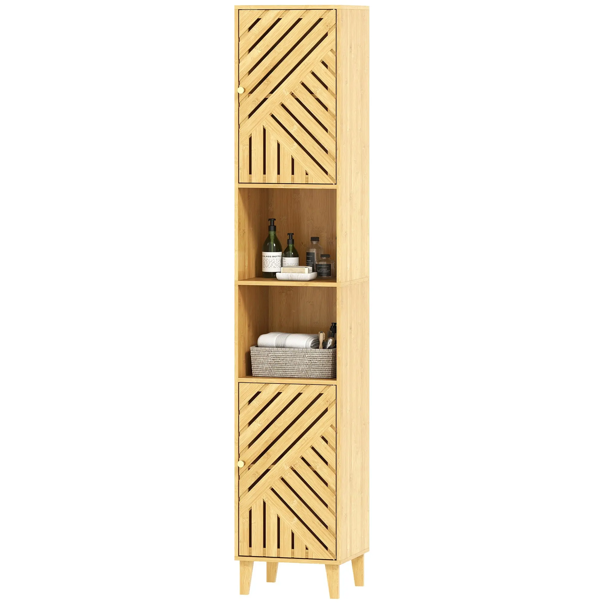 Armoire salle de bain haute, meuble de rangement colonne, portes et pieds en bambou, niches ouvertes, étagères réglables, meuble étroit pour toilette, petits espaces, 32x30x170cm, bois naturel