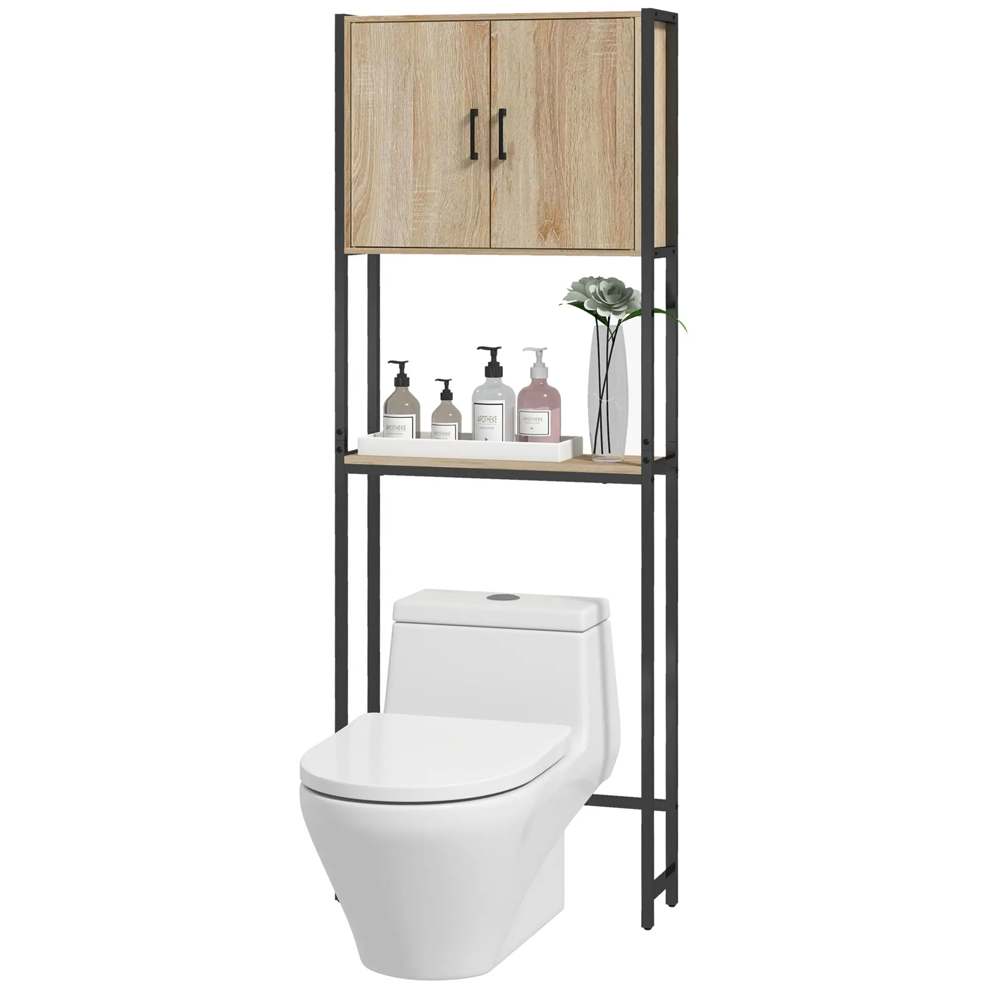 Étagère de toilettes meuble de salle de bain dessus toilette WC avec placard 2 portes et étagère ouverte dim. 64L x 19l x 178H cm chêne et noir