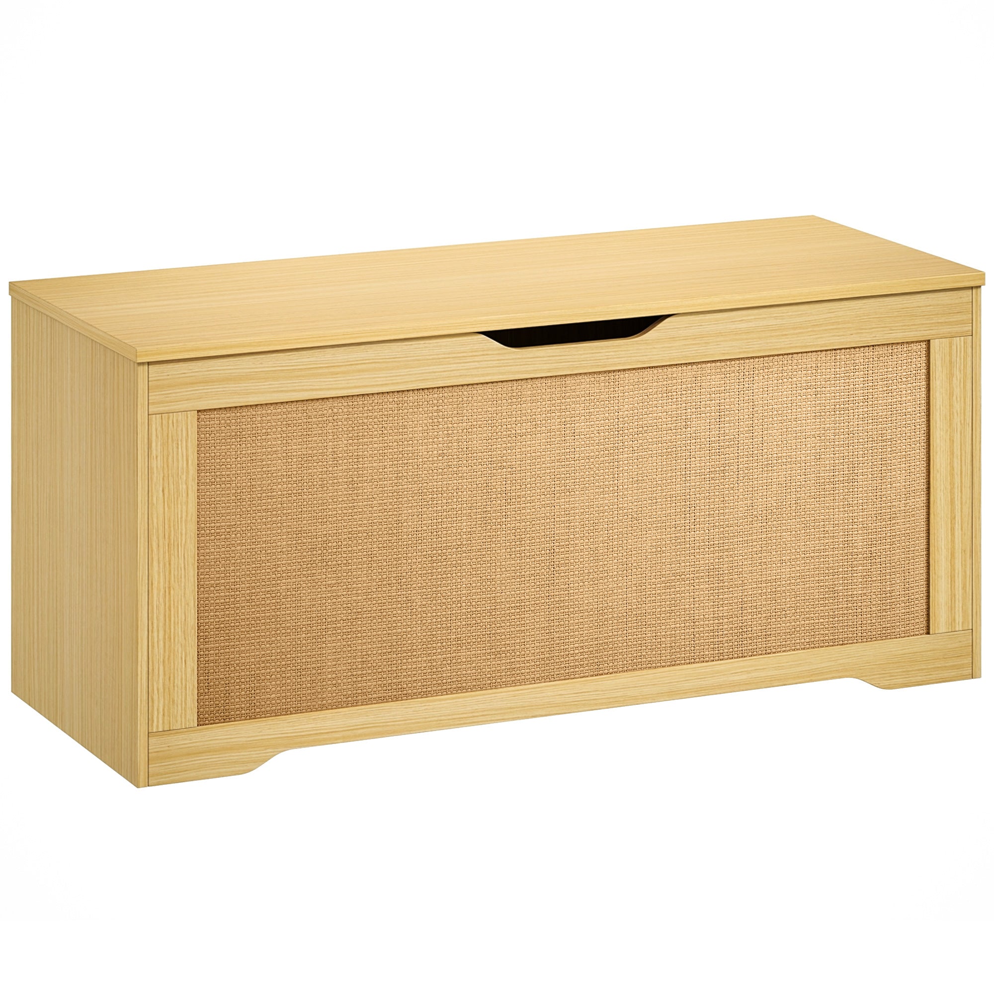 Coffre de Rangement en Rotin 136L, Banc Coffre avec Couvercle Relevable et 2 Charnières de Sécurité, Design Sans Poignée, Banc de Rangement pour Salon ou Entrée, 100 x 40 x 45 cm, Chêne