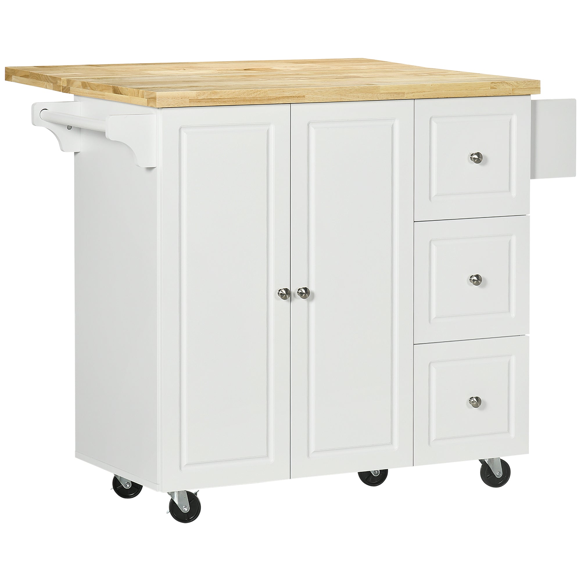 Desserte de cuisine sur roulettes, îlot central cuisine avec plateau en bois d'hévéa, 3 tiroirs, 1 placard, 2 portes, porte-torchons et porte-épices, 111,5 x 45-75 x 89 cm, blanc