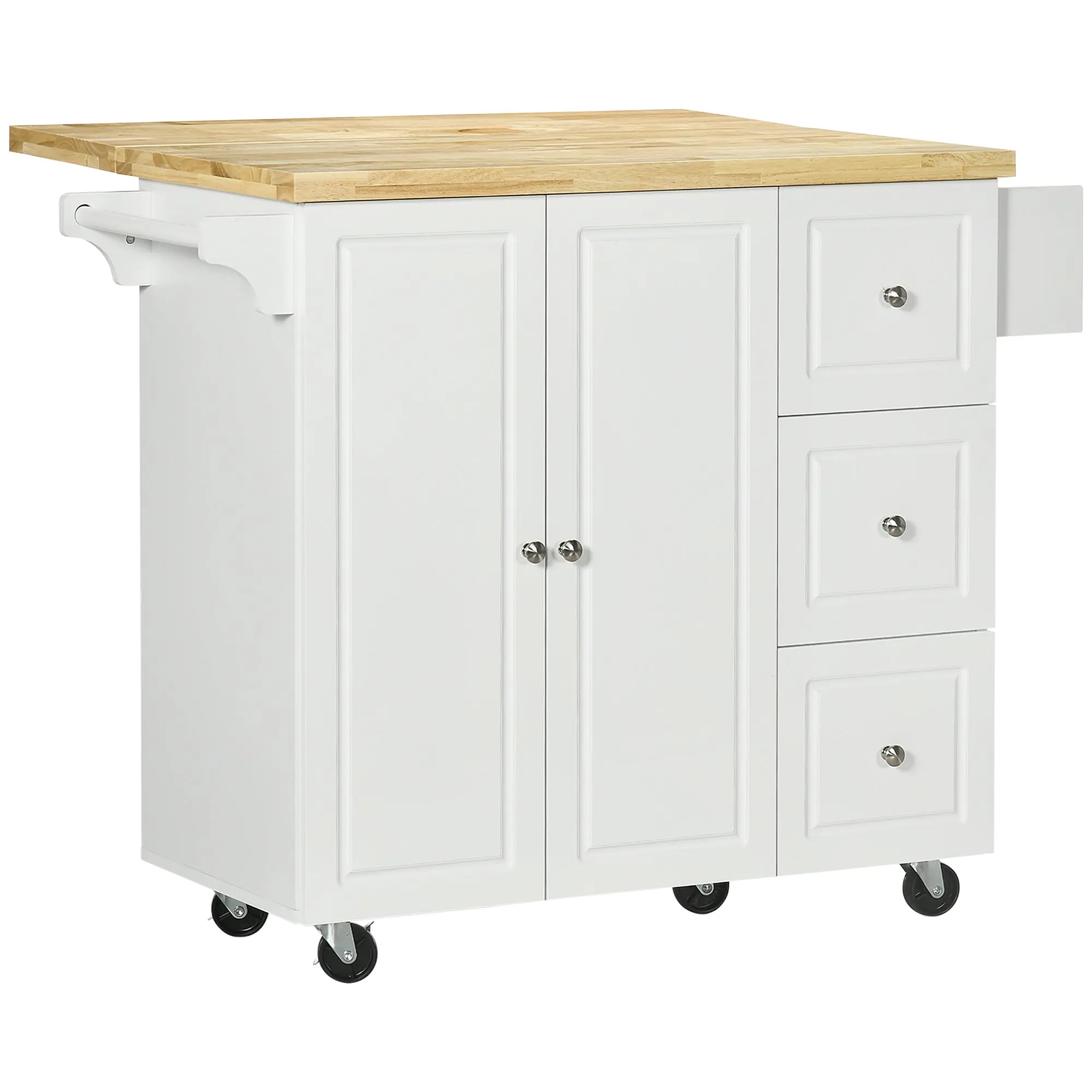 Desserte de cuisine sur roulettes, îlot central cuisine avec plateau en bois d'hévéa, 3 tiroirs, 1 placard, 2 portes, porte-torchons et porte-épices, 111,5 x 45-75 x 89 cm, blanc