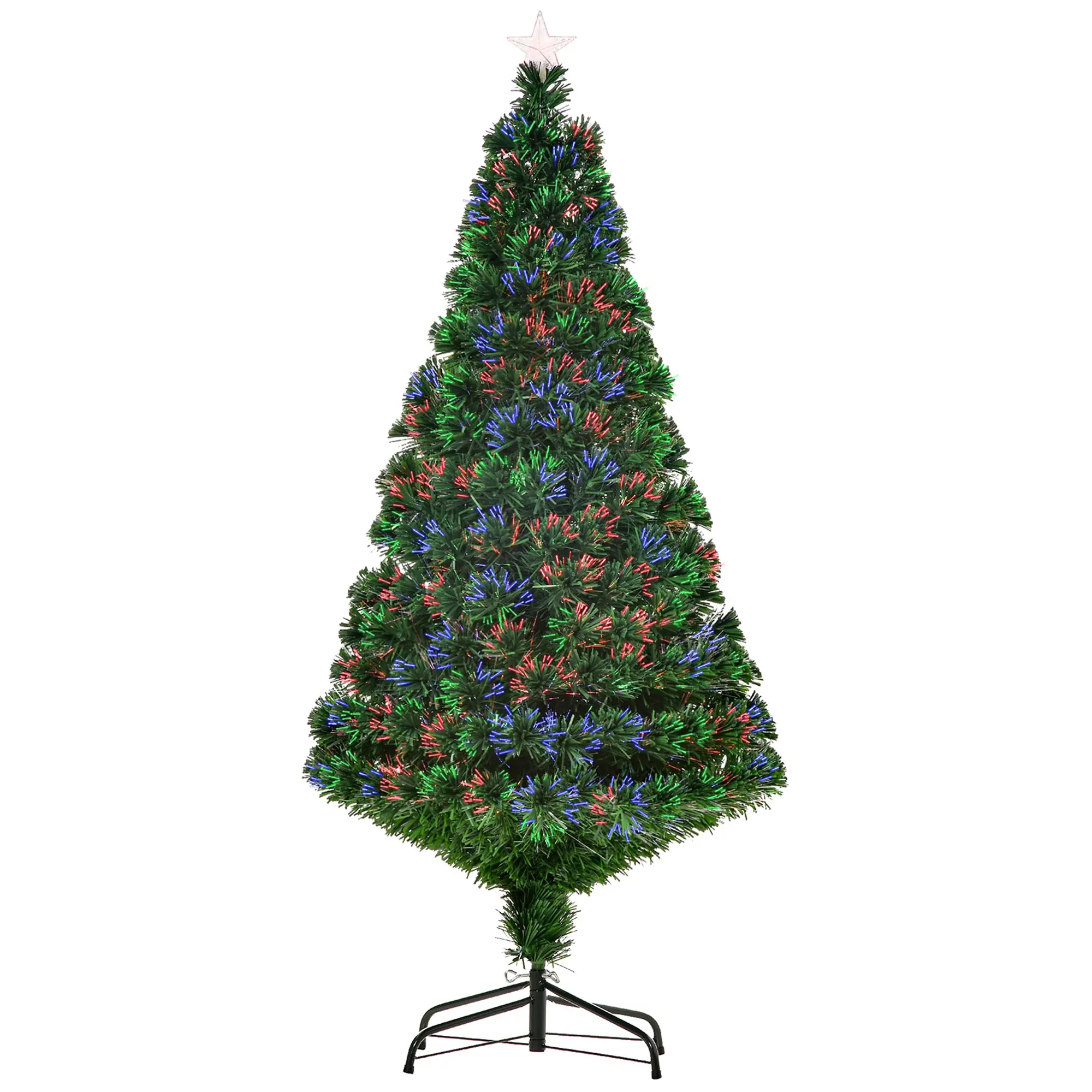 Sapin de Noël Artificiel Lumineux 150H cm Fibre Optique Multicolore + Support Pied 180 Branches étoile Sommet Brillante Vert