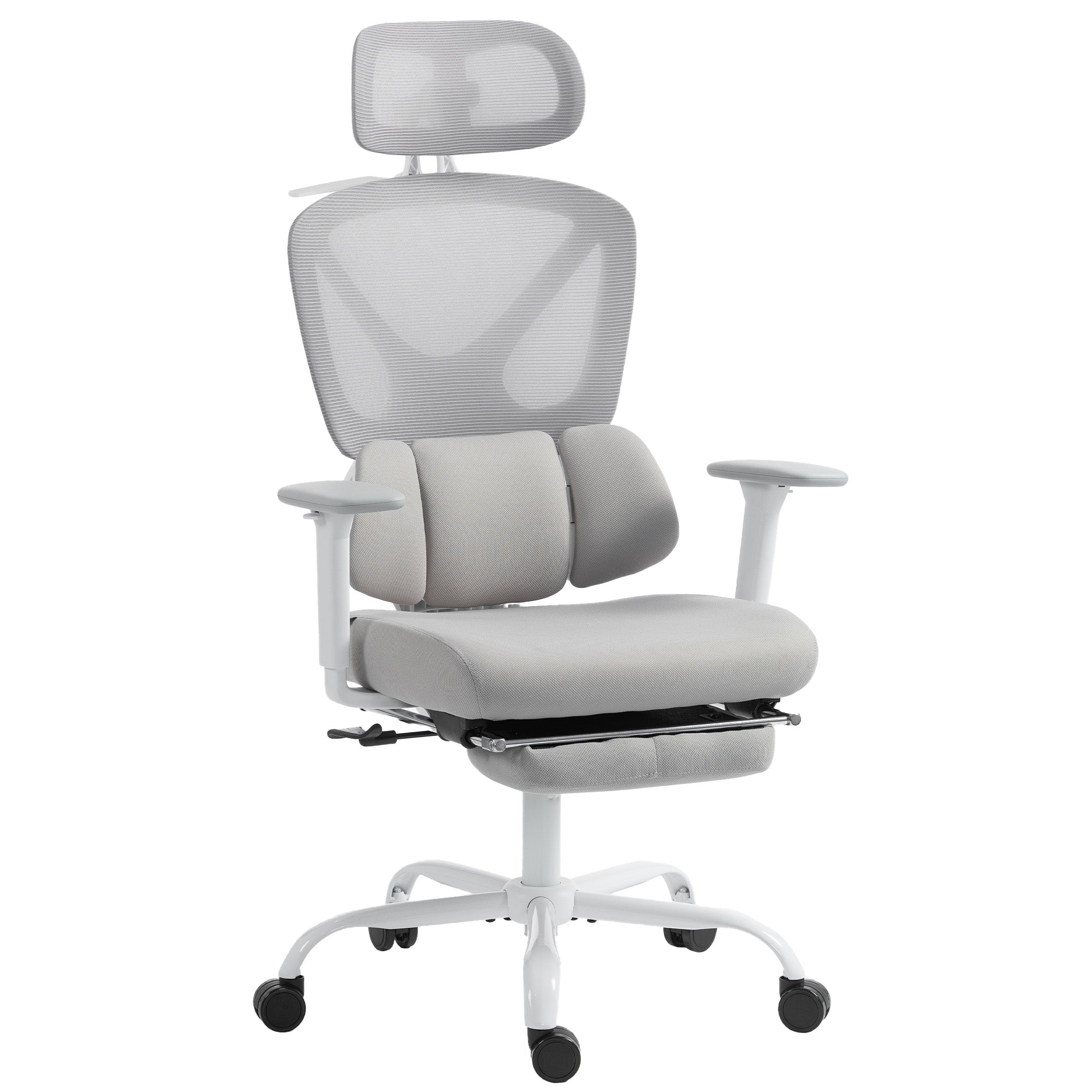 Chaise bureau ergonomique, fauteuil de bureau avec soutien lombaire dynamique adaptatif, accoudoirs 3D, dossier inclinable, hauteur et appui-tête réglables, repose-pieds, pivotant à 360°, gris