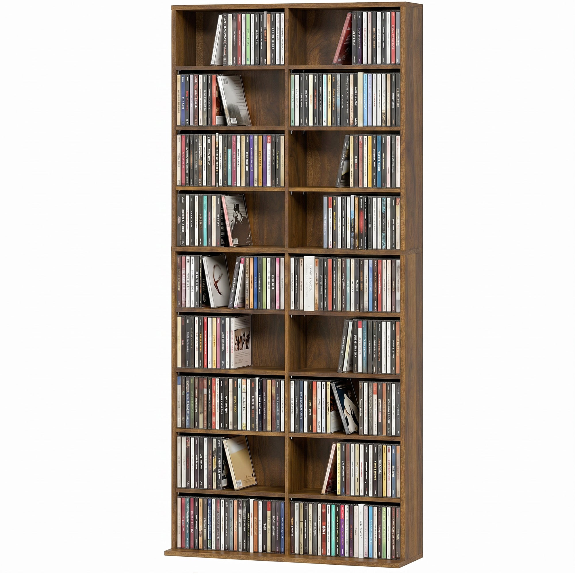 Rangements pour CD et DVD, meuble de rangement multimédia, capacité max. 640 CD/360 DVD et 430 Blu-ray, 18 compartiments 14 étagères réglables, pour salon, chambre, 78,5x24x175cm, noyer foncé