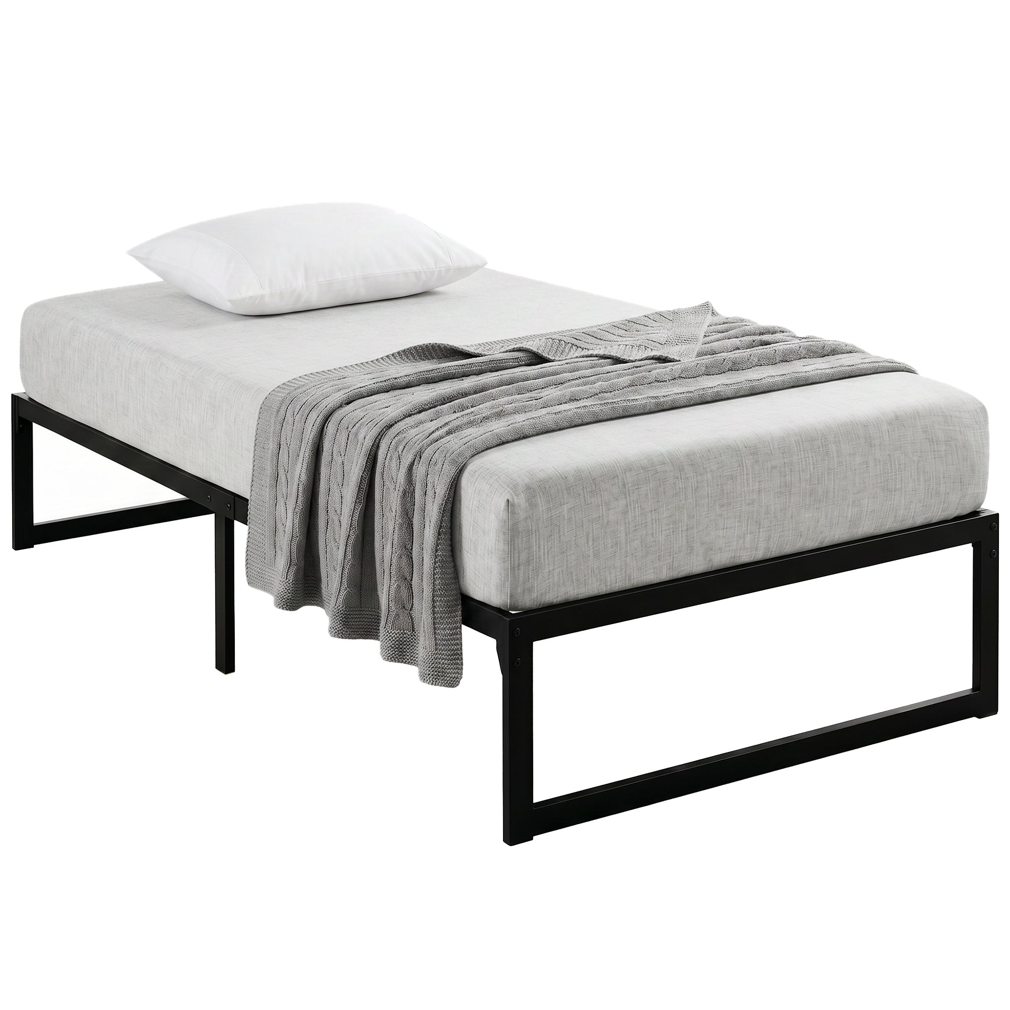 Cadre de lit 90 x 200 cm avec sommier, lit simple avec support à lattes en métal, rangement au-dessous de 32,5H cm, sans bruit, montage facile, noir
