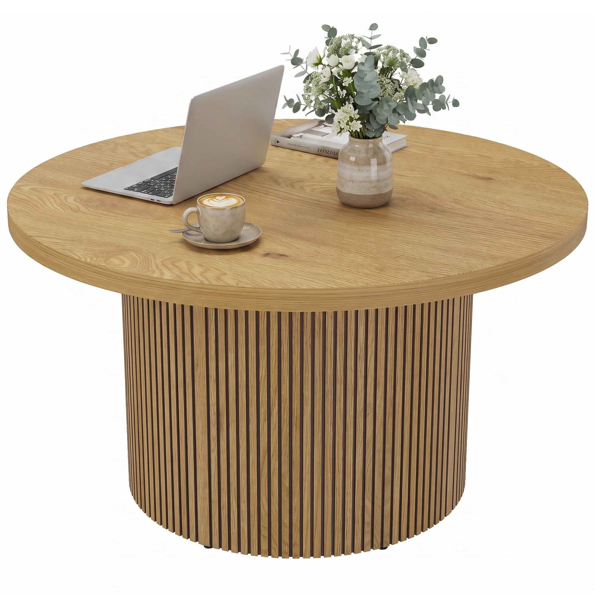 Table basse ronde en bois, table de salon avec piètement cannelé, style moderne, pour chambre, séjour et bureau, 80 x 80 x 45 cm, effet bois naturel