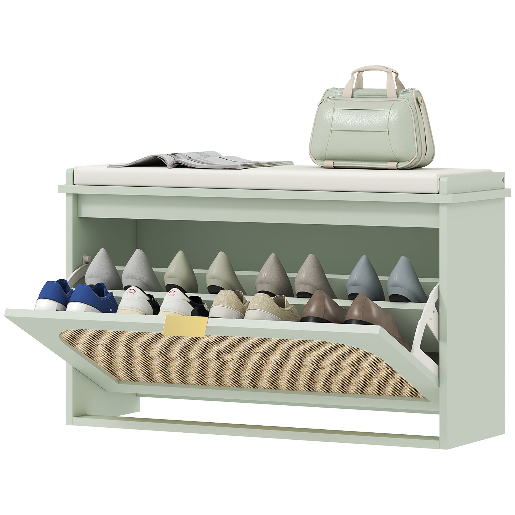 Banc chaussures entrée, banc de rangement étroit, assise rembourrée, porte en rotin, tiroir rabattable et étagère réglable, style bohème, pour entrée, couloir, 80 x 26 x 47,5 cm, vert