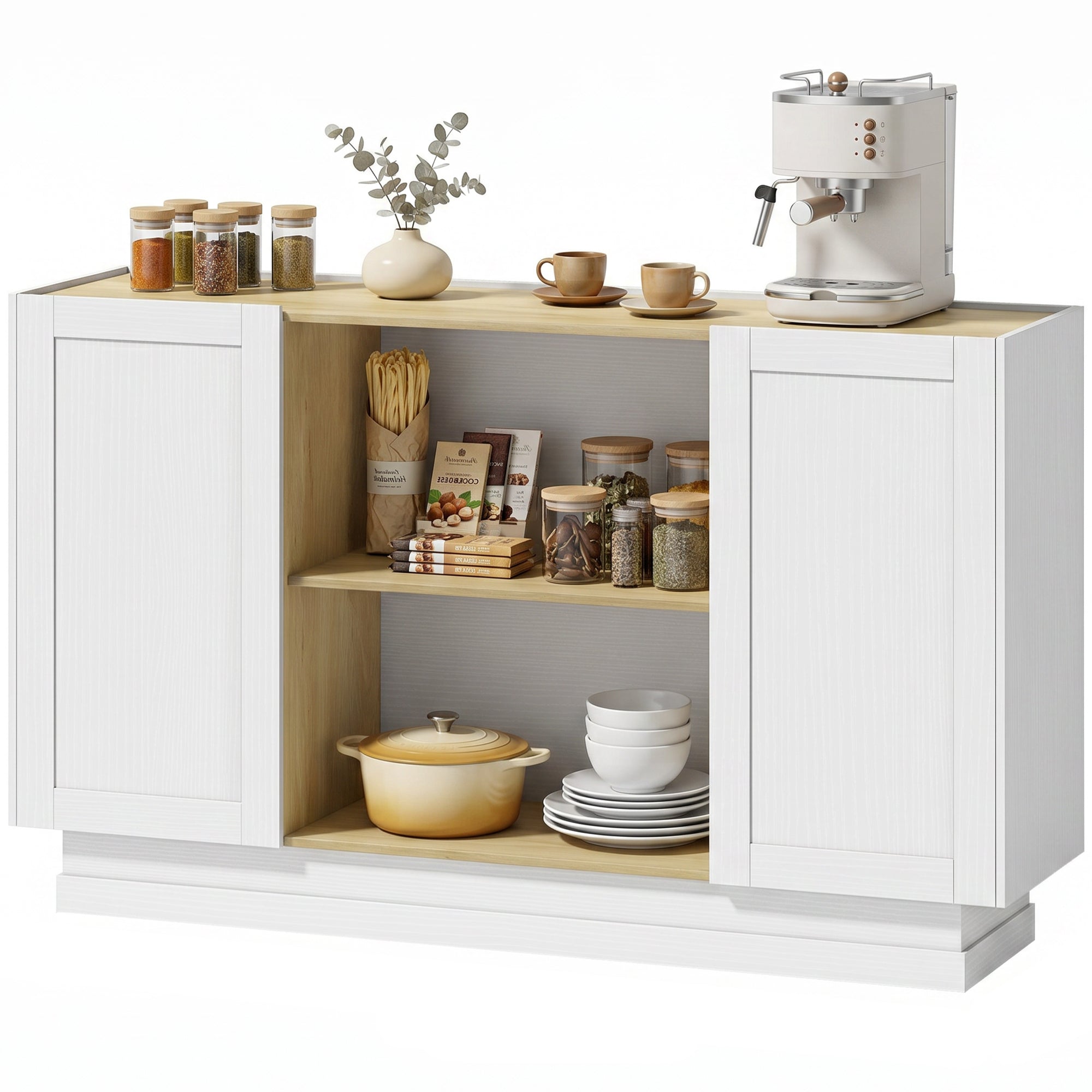 Buffet Cuisine, Meuble de Rangement avec 2 Portes et 2 Étagères Ouvertes, Style Rustique, Buffet Salle à Manger, Salon et Chambre, 133 x 35 x 79,7 cm, Bois Naturel et Blanc