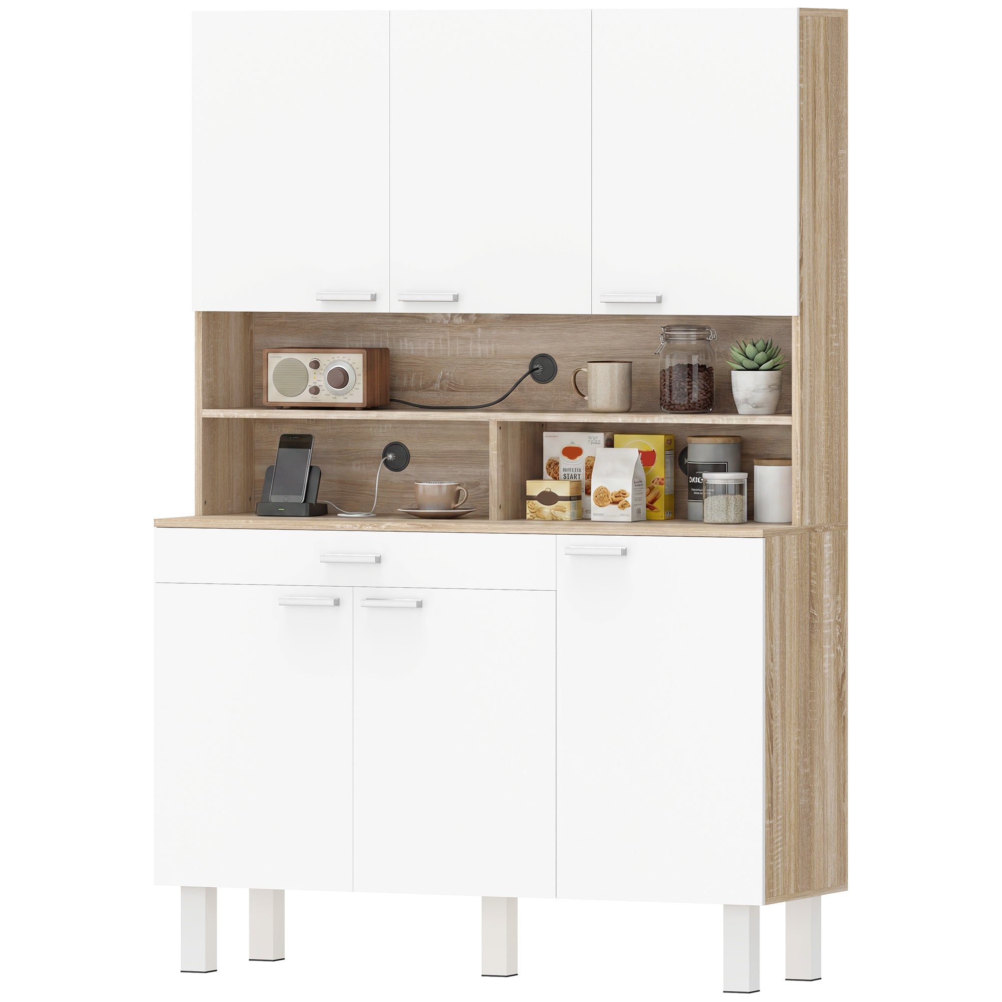 Buffet haut cuisine, armoire de cuisine, vaisselier, 6 portes, tiroir et étagères ouvertes, style moderne, meuble de rangement pour salon, salle à manger, 120x40x175cm, blanc et bois naturel