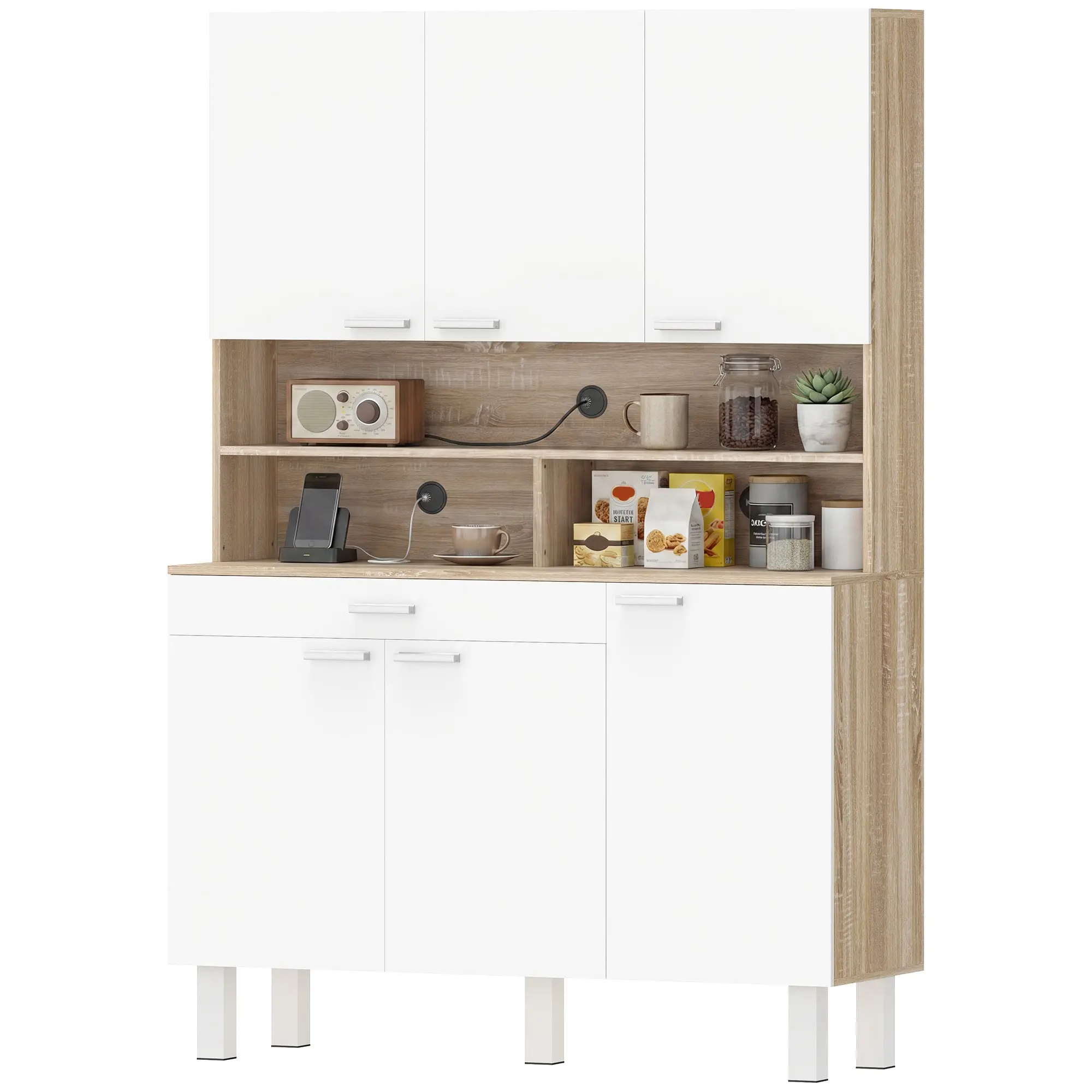 Buffet haut cuisine, armoire de cuisine, vaisselier, 6 portes, tiroir et étagères ouvertes, style moderne, meuble de rangement pour salon, salle à manger, 120x40x175cm, blanc et bois naturel