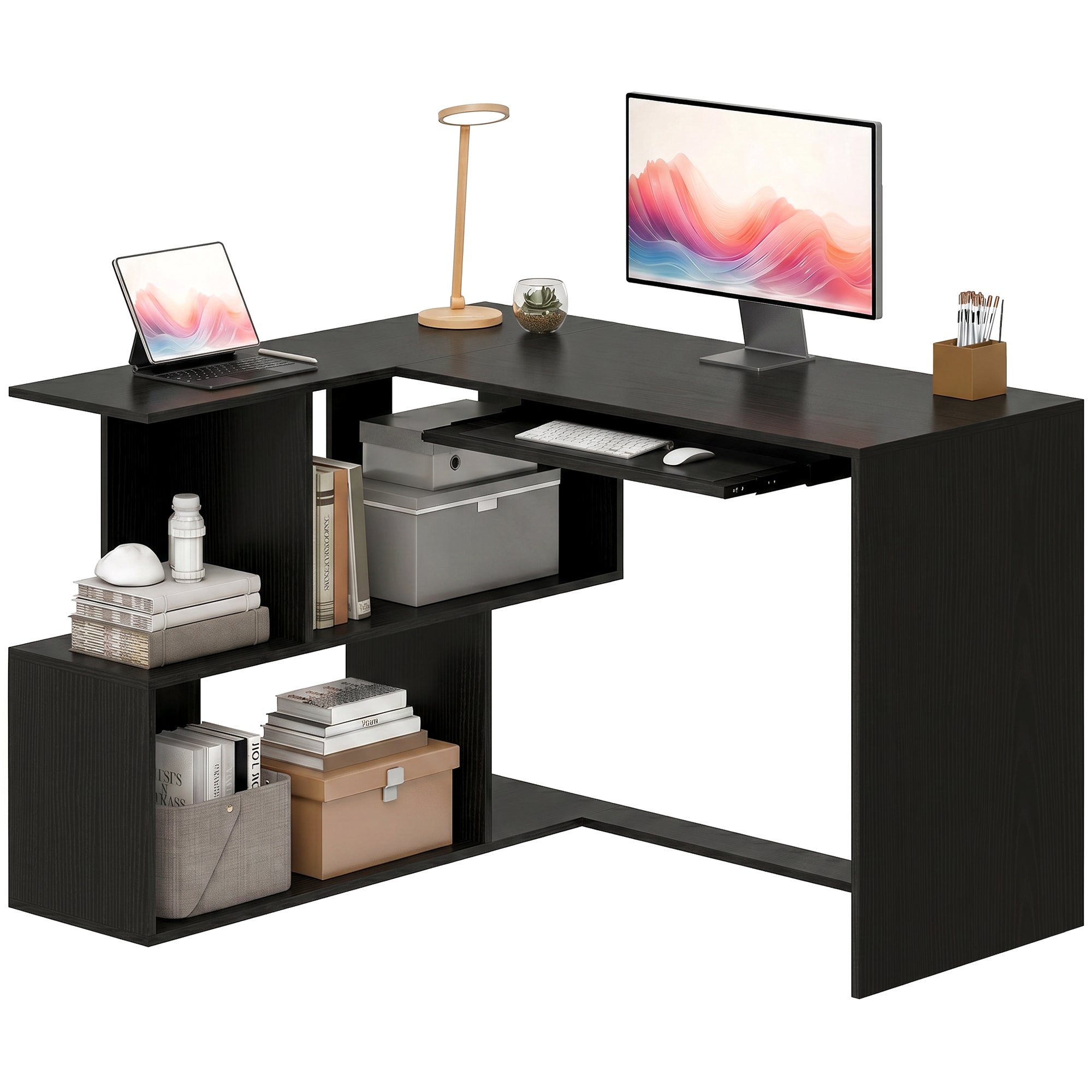 Bureau d'Angle, 120 x 100 x 76 cm, Bureau Informatique en L avec Plateau de Clavier, 4 Compartiments Ouverts, Style Moderne, Table de Travail pour Domicile, Chambre, Petit Espace, Noir