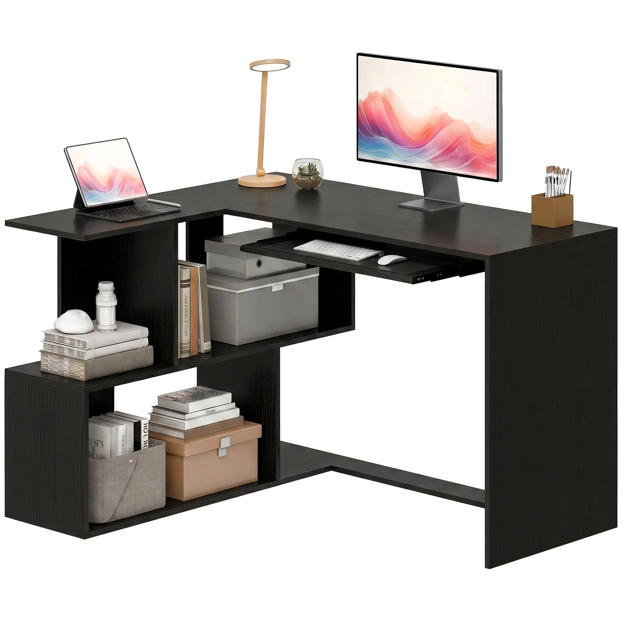 Bureau d'Angle, 120 x 100 x 76 cm, Bureau Informatique en L avec Plateau de Clavier, 4 Compartiments Ouverts, Style Moderne, Table de Travail pour Domicile, Chambre, Petit Espace, Noir
