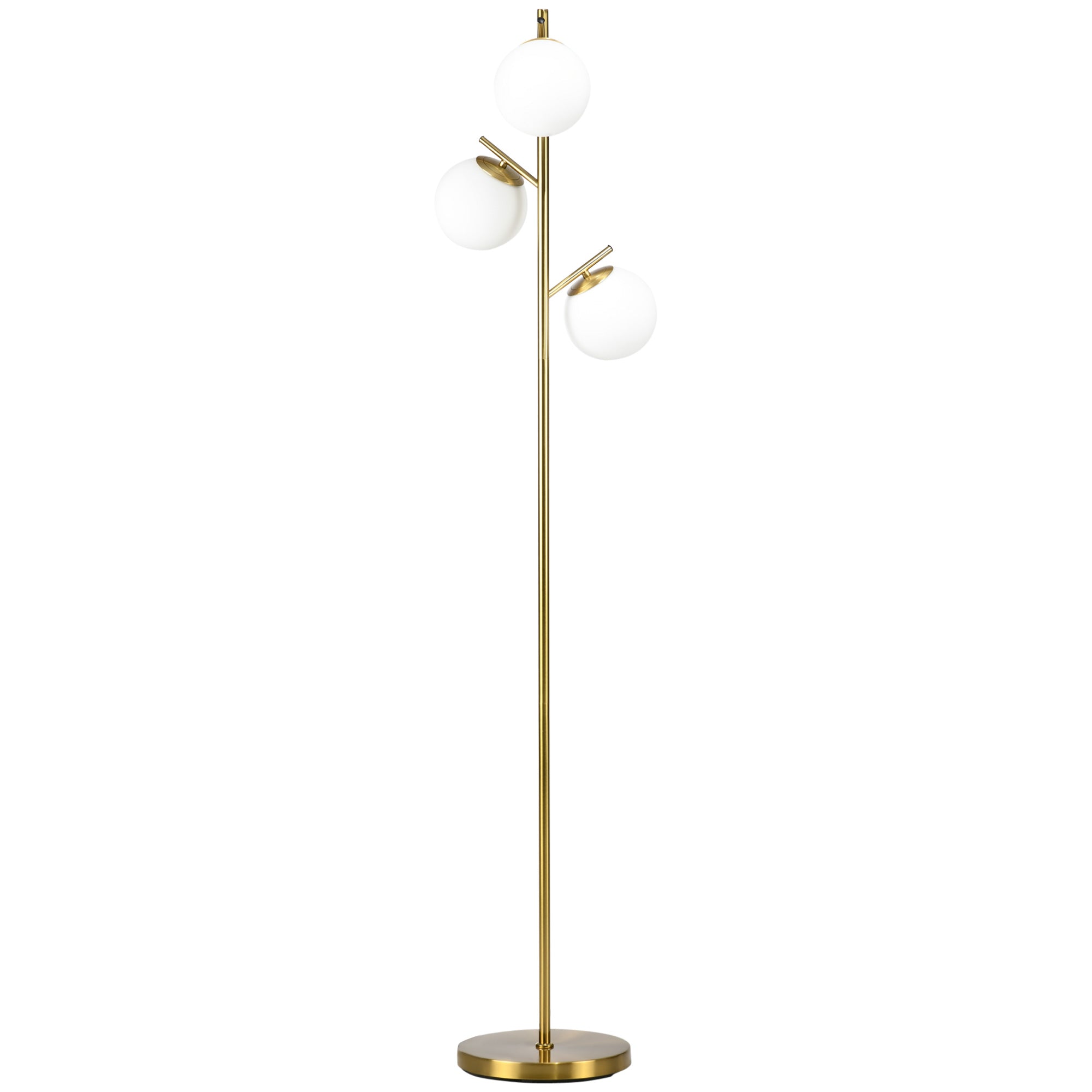 Lampadaire sur pied salon en métal doré avec 3 abat-jours globe blanc verre dépoli - 40W -  27 x 169 cm doré