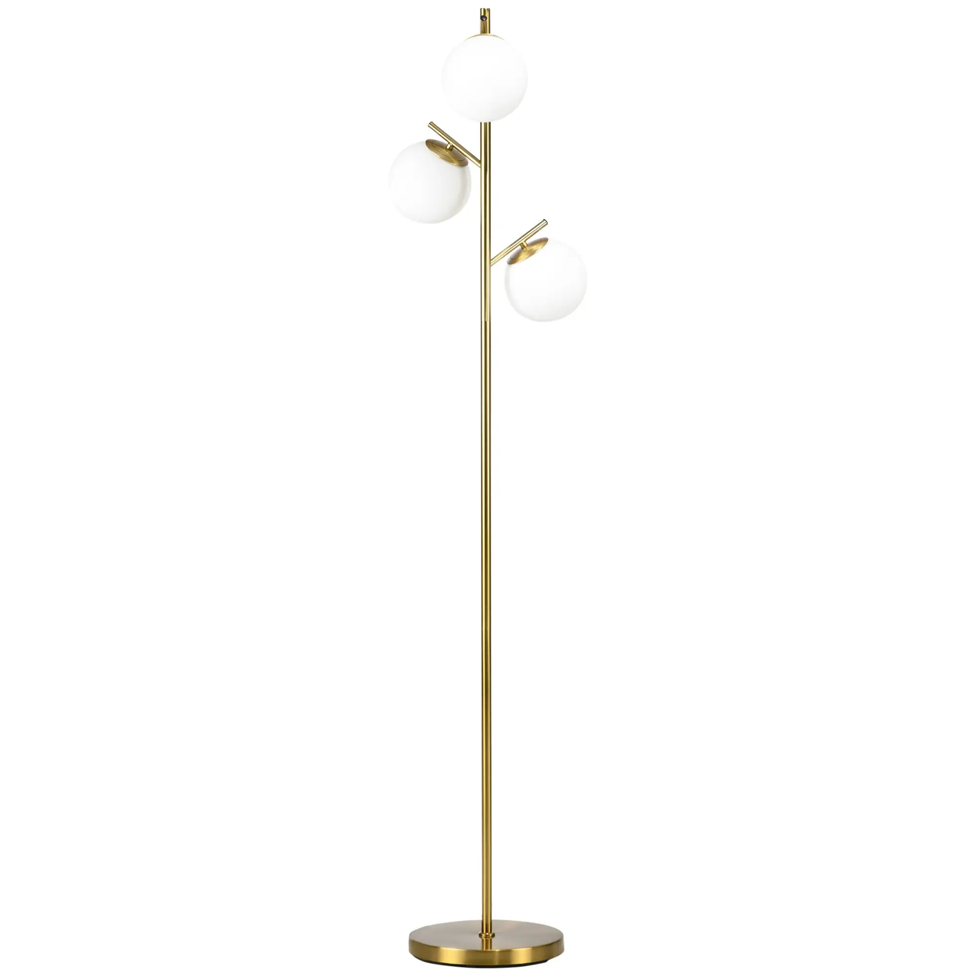 Lampadaire sur pied salon en métal doré avec 3 abat-jours globe blanc verre dépoli - 40W -  27 x 169 cm doré