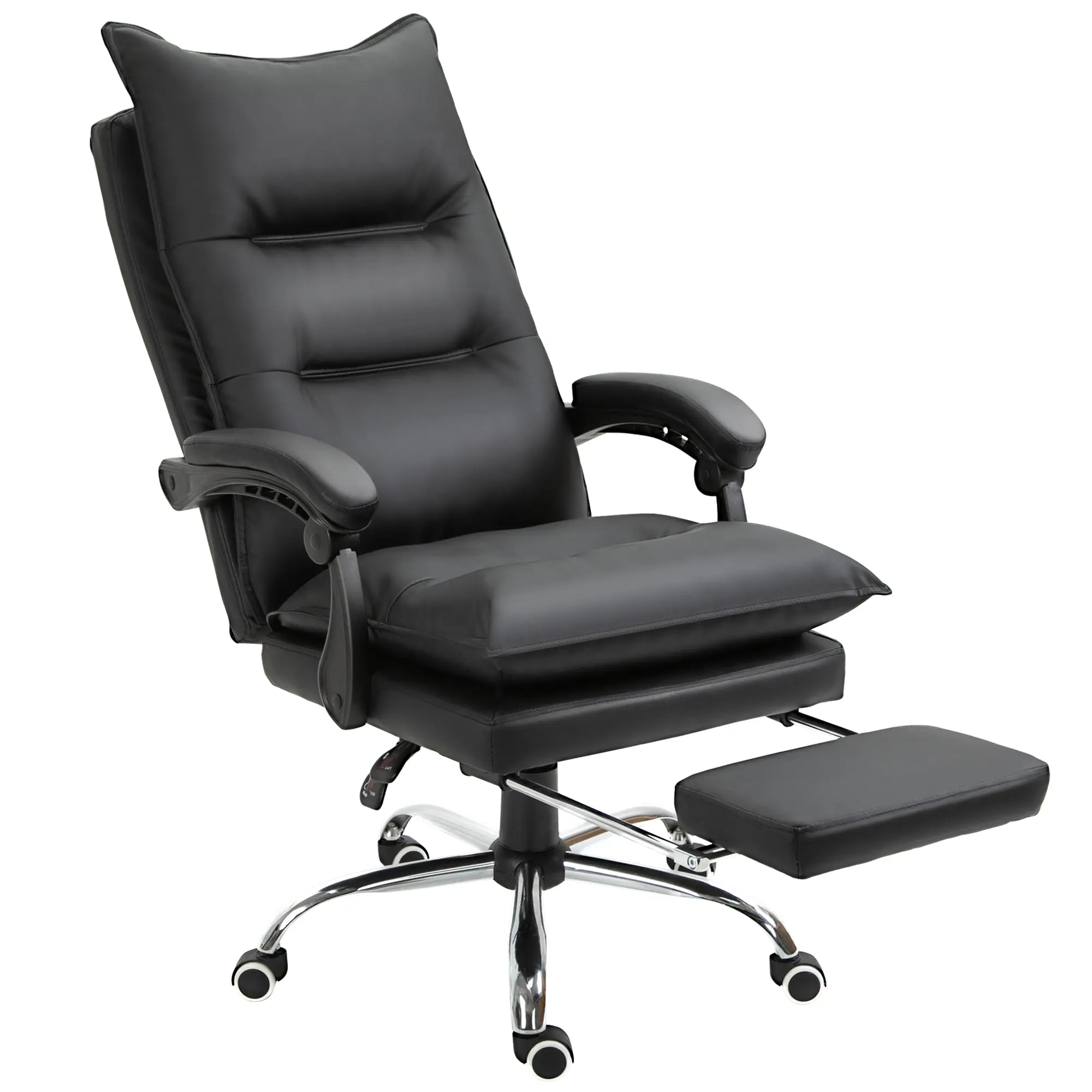 Fauteuil de bureau, chaise bureau ergonomique en similicuir avec large assise rembourrée, dossier inclinable, hauteur réglable, accoudoirs et repose-pied intégrés, charge 135 Kg, noir
