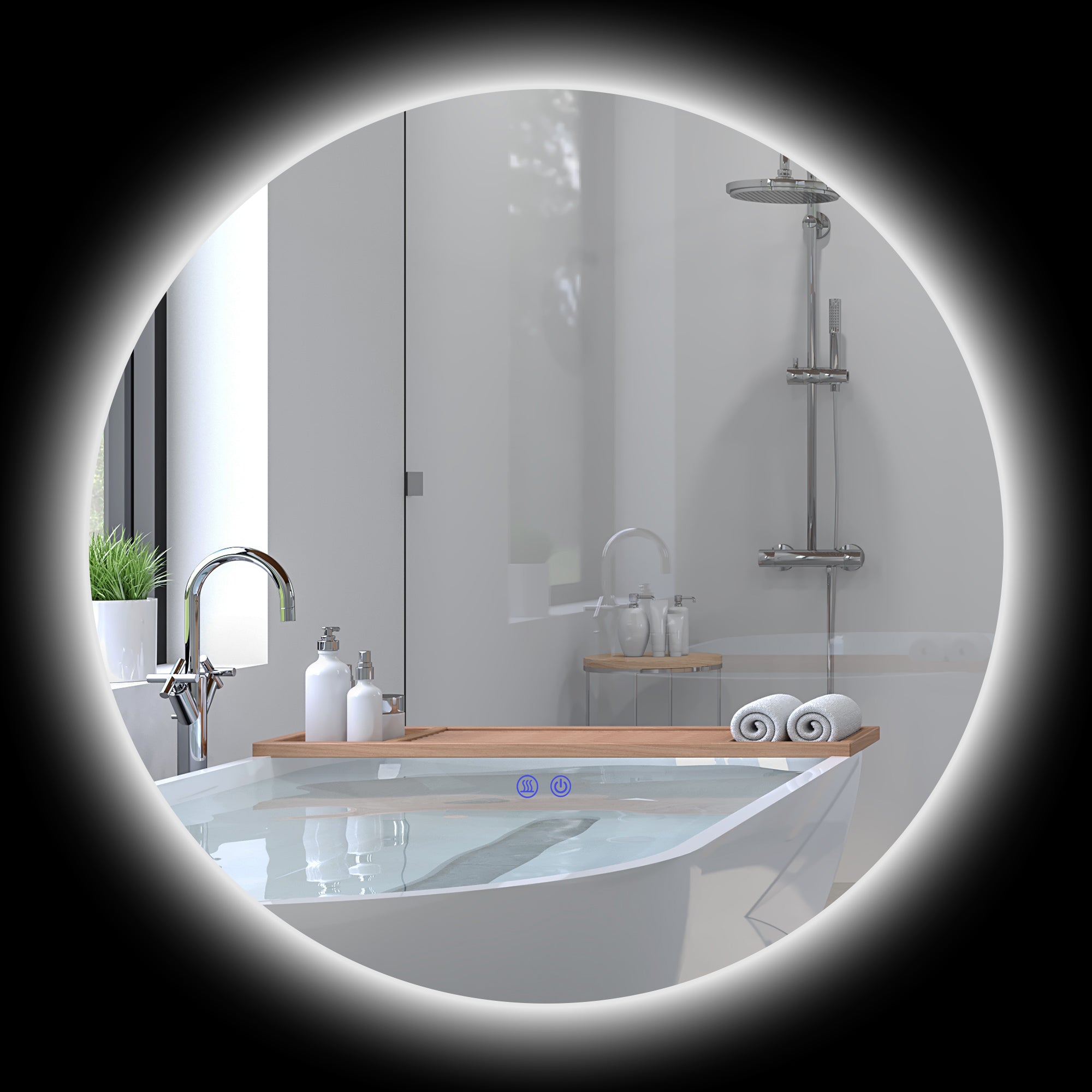 Miroir rond lumineux LED miroir mural de salle de bain 70 cm avec éclairage interrupteur tactile système antibuée luminosité réglable 35W blanc et argent