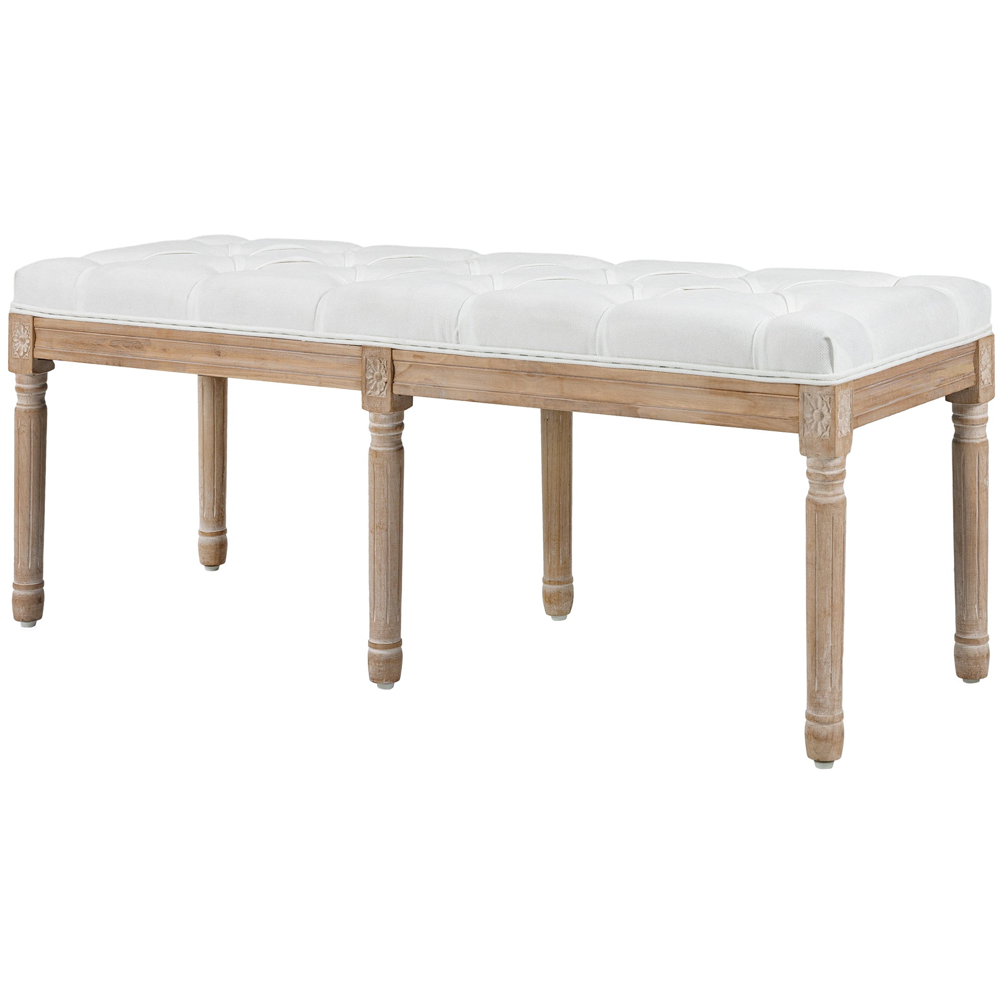 Banc bout de lit banquette capitonnée style vintage français rembourrage épais revêtement tissu aspect lin pieds en bois massif crème