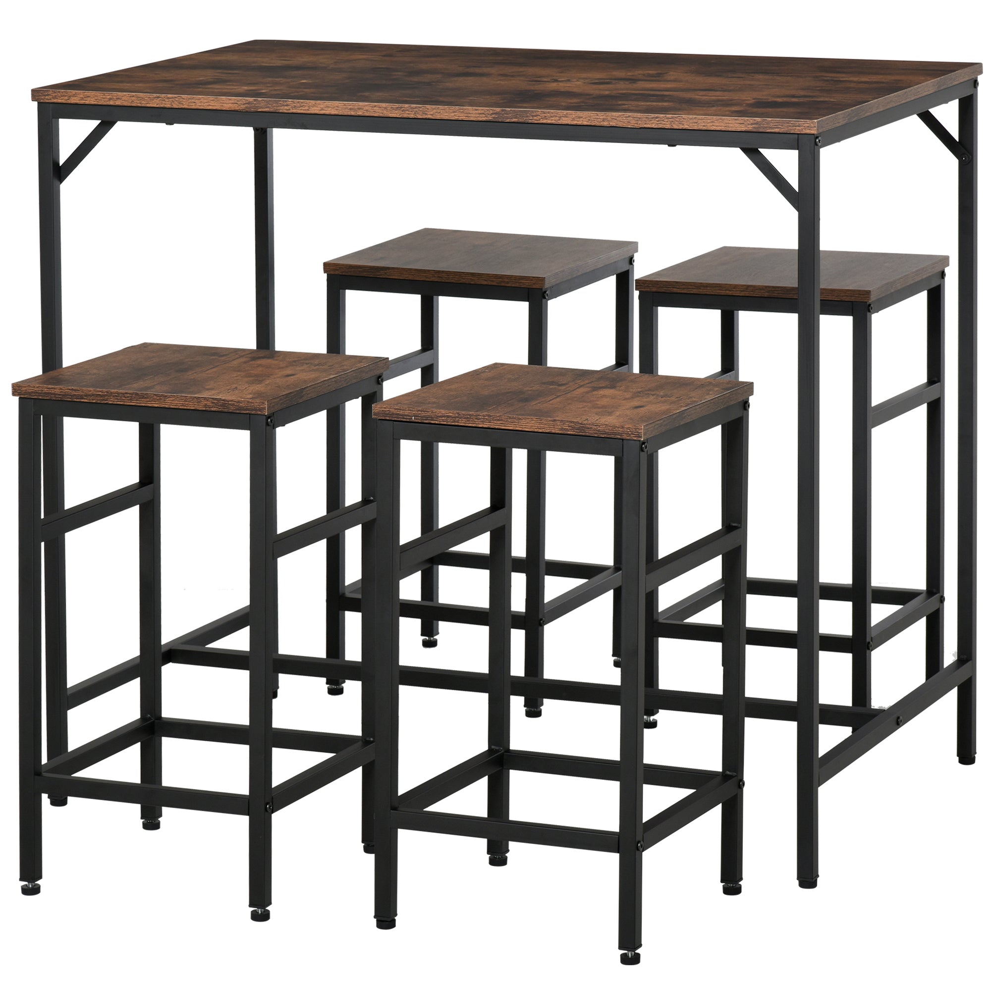 Ensemble Table de Bar Industriel + 4 tabourets Repose-Pieds en Bois couleur Chêne Cadre en métal Noir