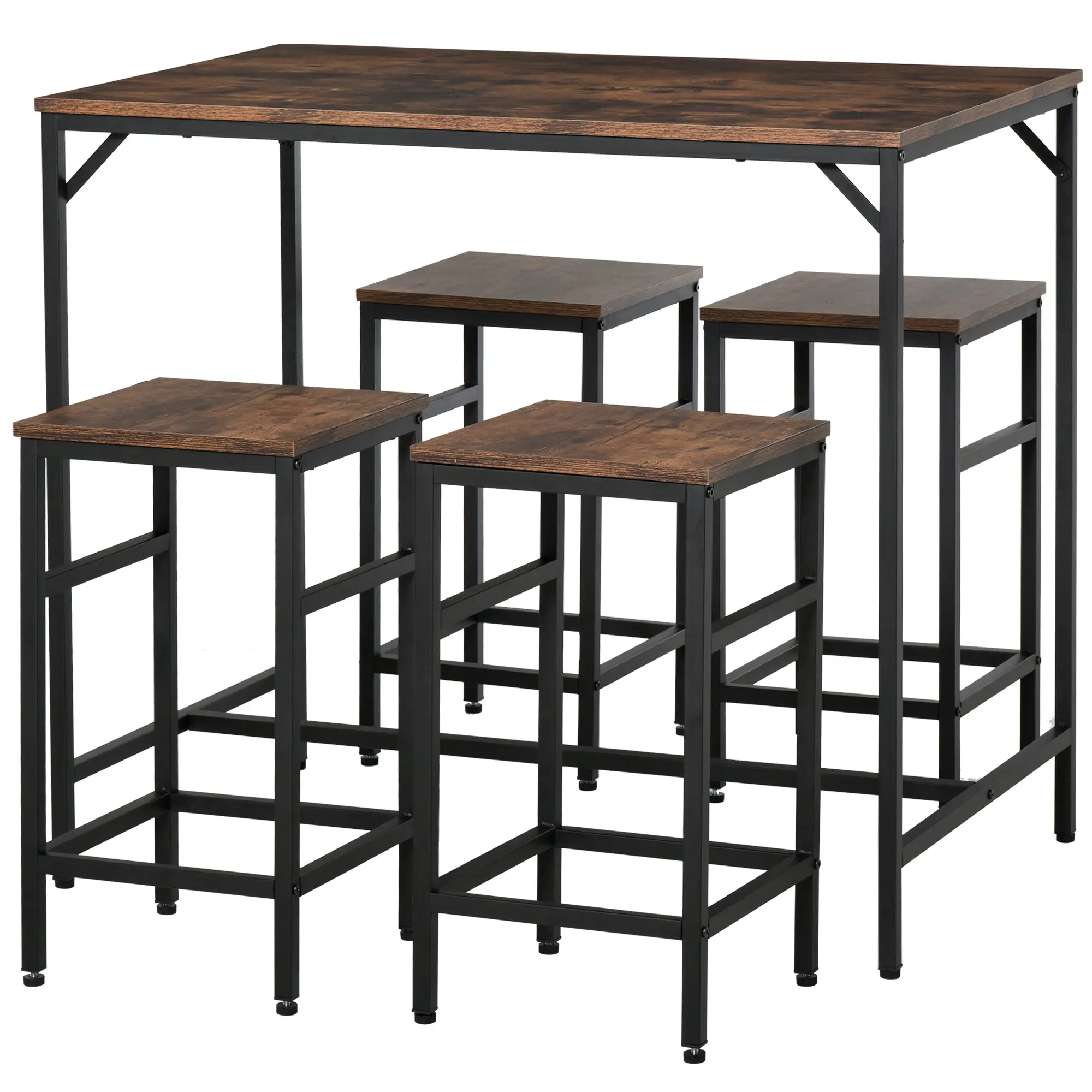 Ensemble Table de Bar Industriel + 4 tabourets Repose-Pieds en Bois couleur Chêne Cadre en métal Noir