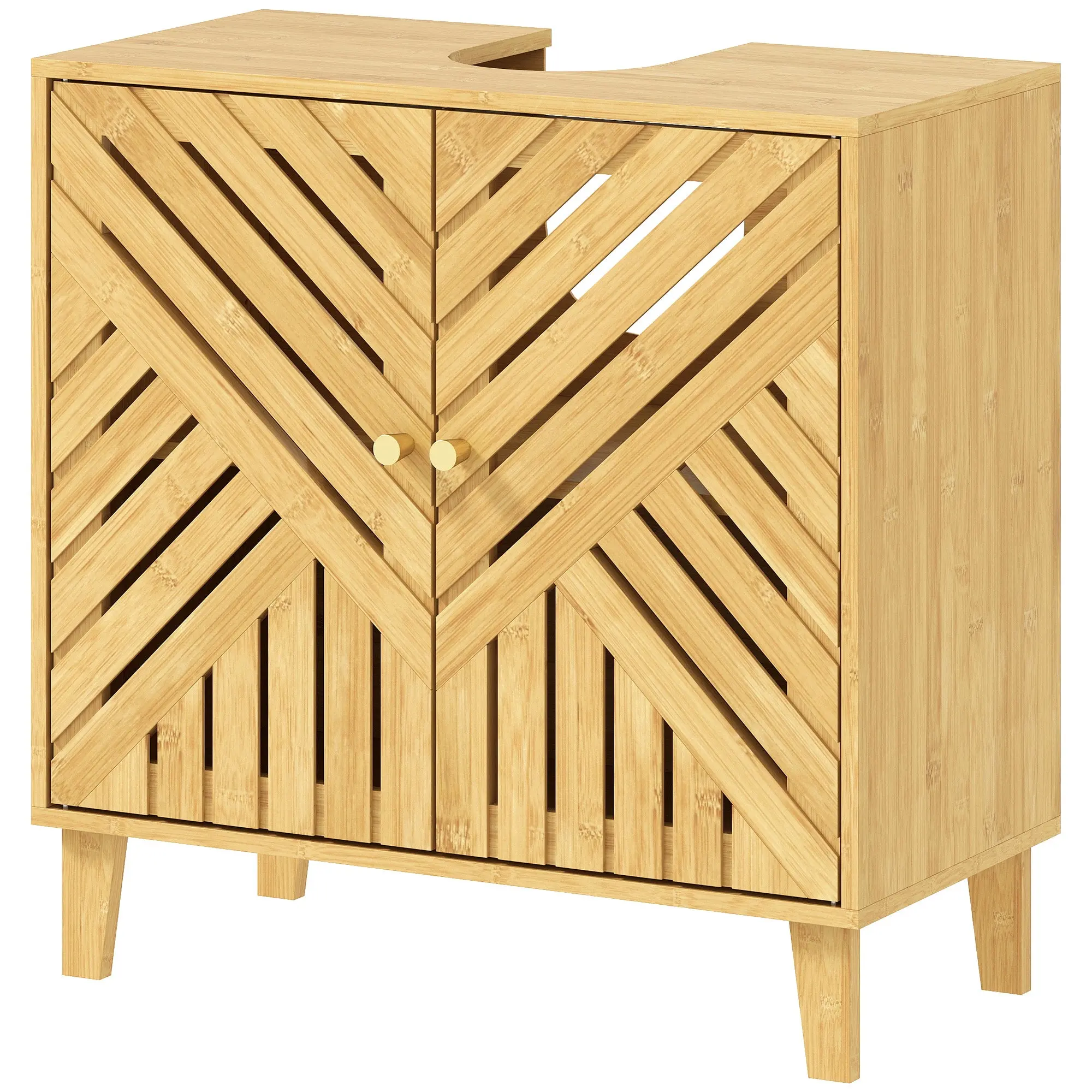 Meuble sous lavabo, meuble de salle de bain en bambou avec étagère réglable et portes à lattes, anti-humidité, 60 x 30 x 60 cm, naturel