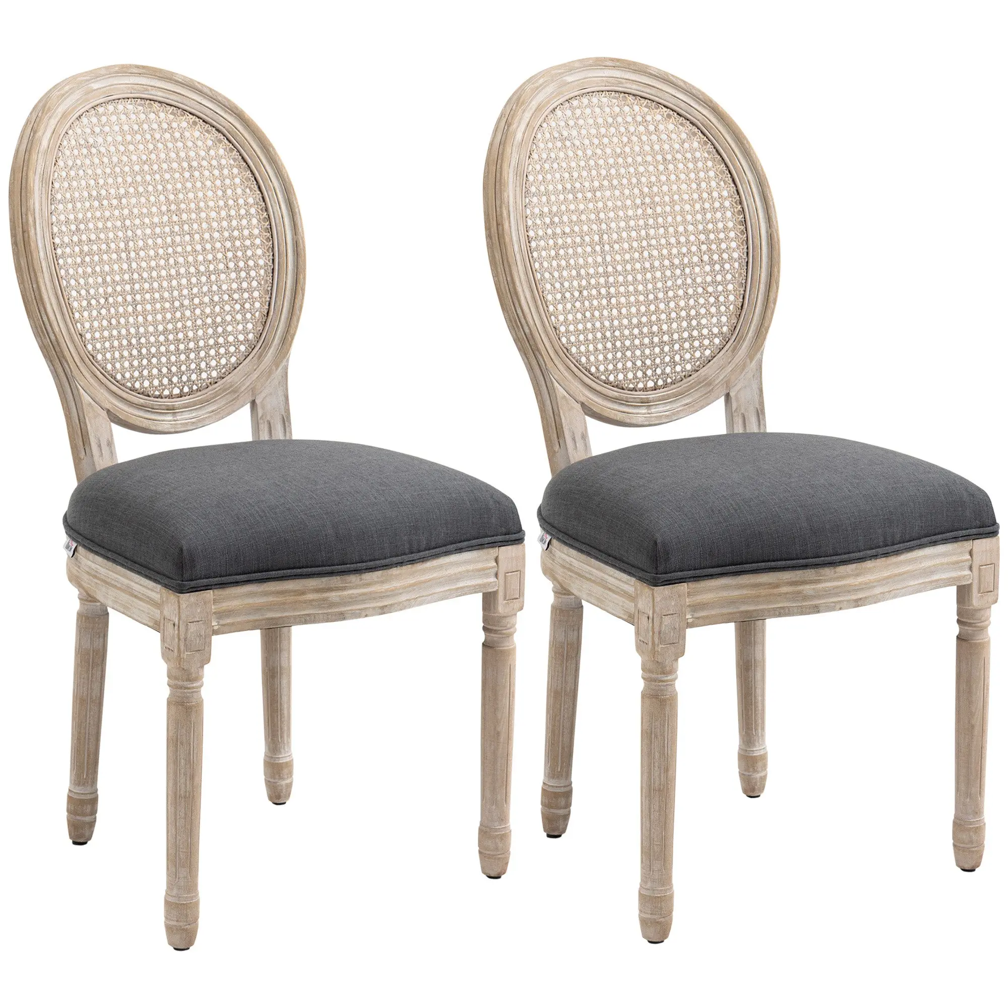 Lot de 2 chaises de Salle à Manger - Chaise de Salon médaillon Style Louis XVI - Bois Massif sculpté, patiné - Dossier cannage - Aspect Lin Gris