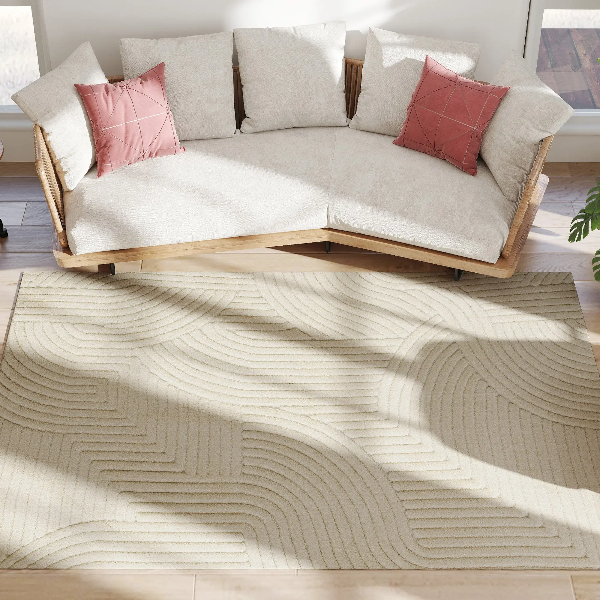 Tapis salon 230 x 160 cm, tapis à poils épais géométrique, moelleux et antidérapant, style moderne, pour salon, chambre à coucher, bureau, crème