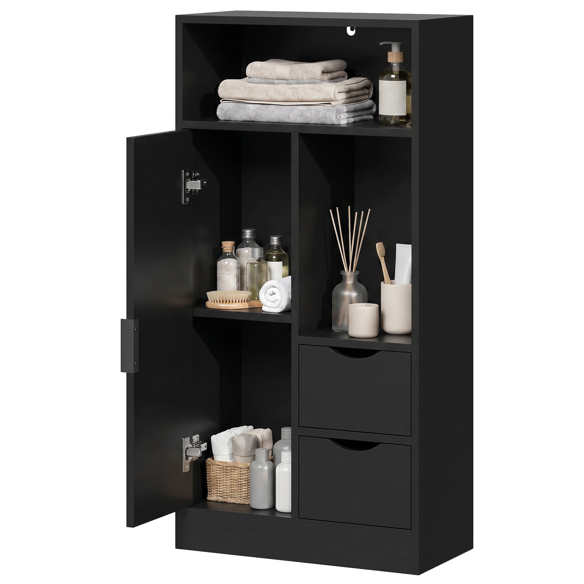Meuble de salle de bain, meuble de rangement étroit avec 2 tiroirs, 1 porte, 2 compartiments ouverts et étagère réglable, armoire salle de bain, salon, chambre, 50 x 25 x 100 cm, noir