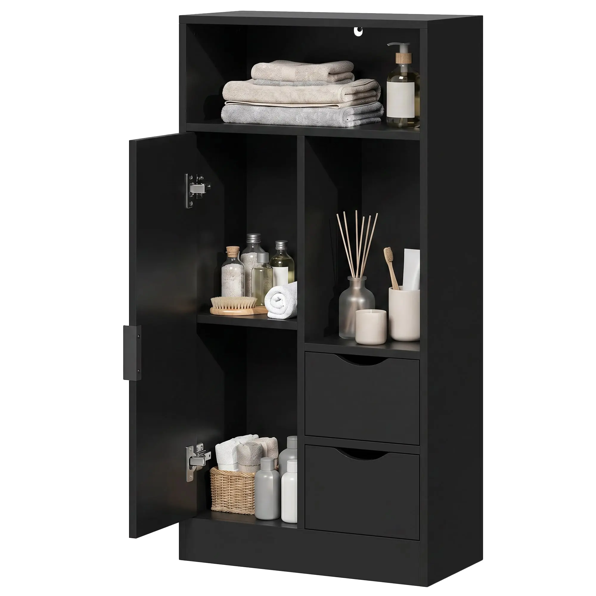 Meuble de salle de bain, meuble de rangement étroit avec 2 tiroirs, 1 porte, 2 compartiments ouverts et étagère réglable, armoire salle de bain, salon, chambre, 50 x 25 x 100 cm, noir
