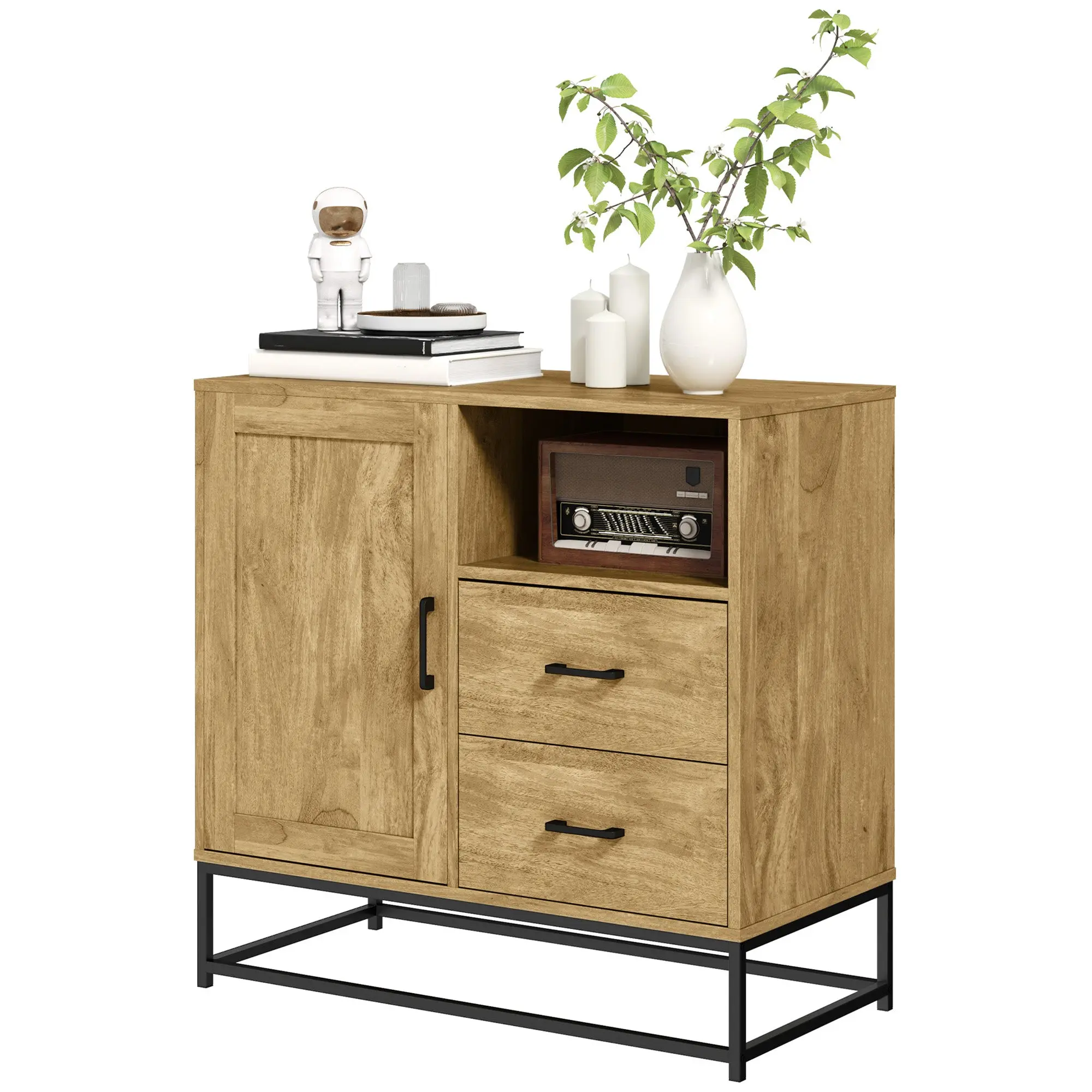 Buffet salon meuble de rangement style moderne avec 2 tiroirs, compartiment ouvert et étagère réglable - buffet salle à manger, cuisine et salon, 80 x 40 x 78 cm, bois naturel