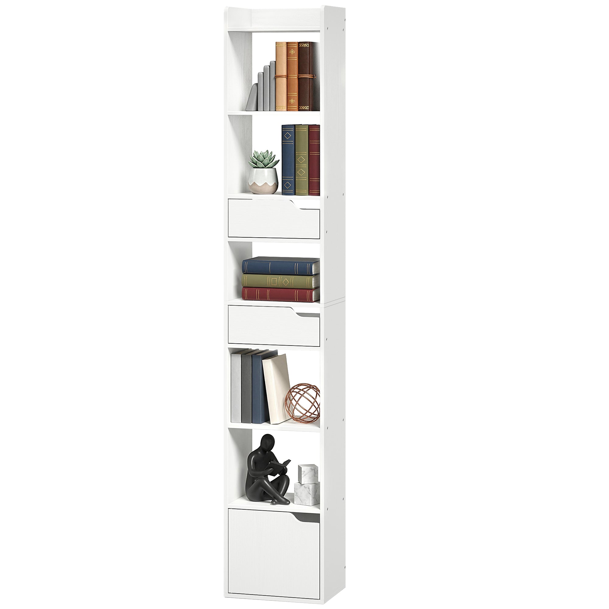 Bibliothèque étagère de rangement, étagère à livres étroite 32 x 24 x 181,5 cm avec porte, 2 tiroirs, compartiments ouverts, meuble de rangement pour salon, chambre, bureau, blanc