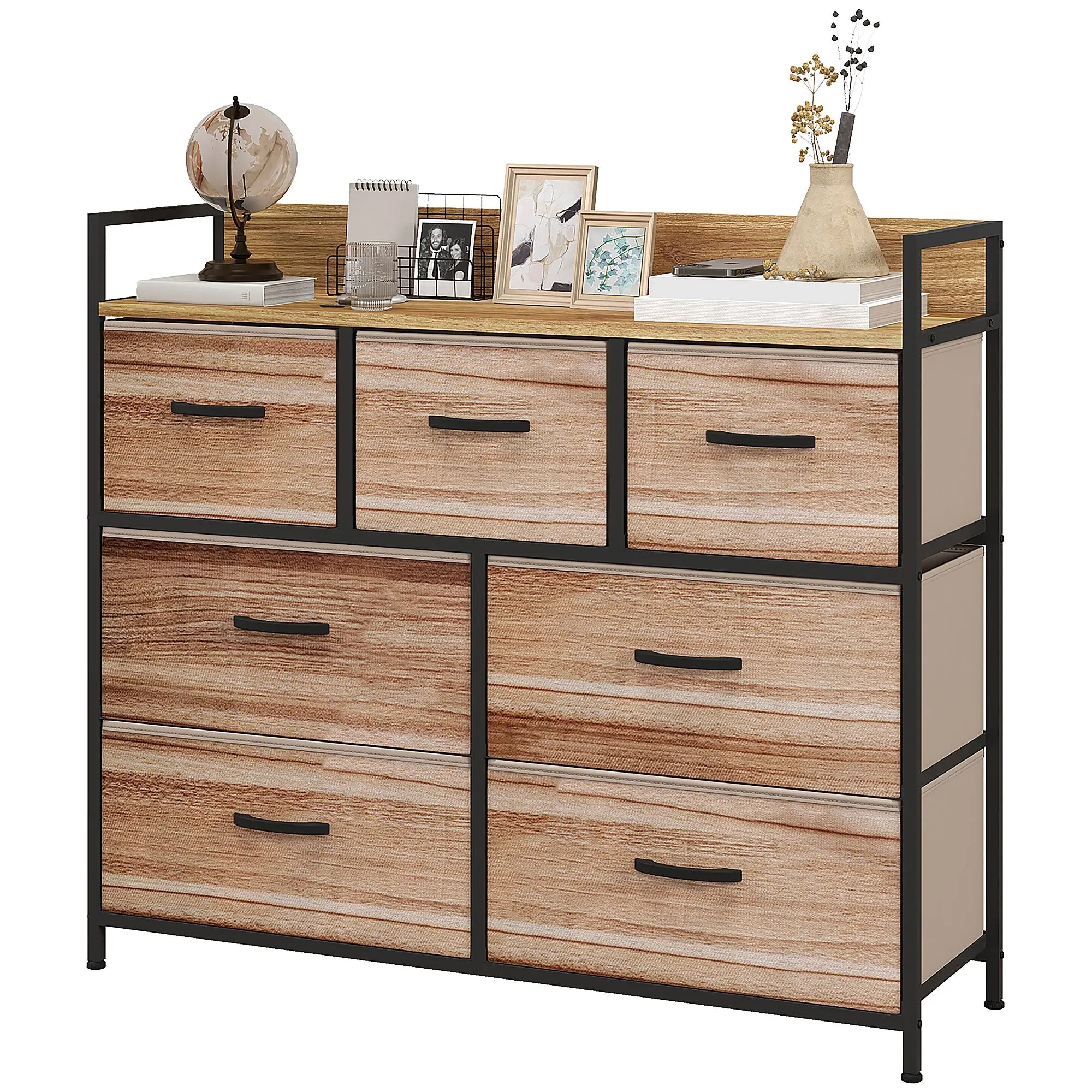 Commode 7 tiroirs meuble de rangement tiroir en tissu pliant - structure acier noir - 98 x 29 x 85 cm, chambre, entrée, salon, noir et naturel