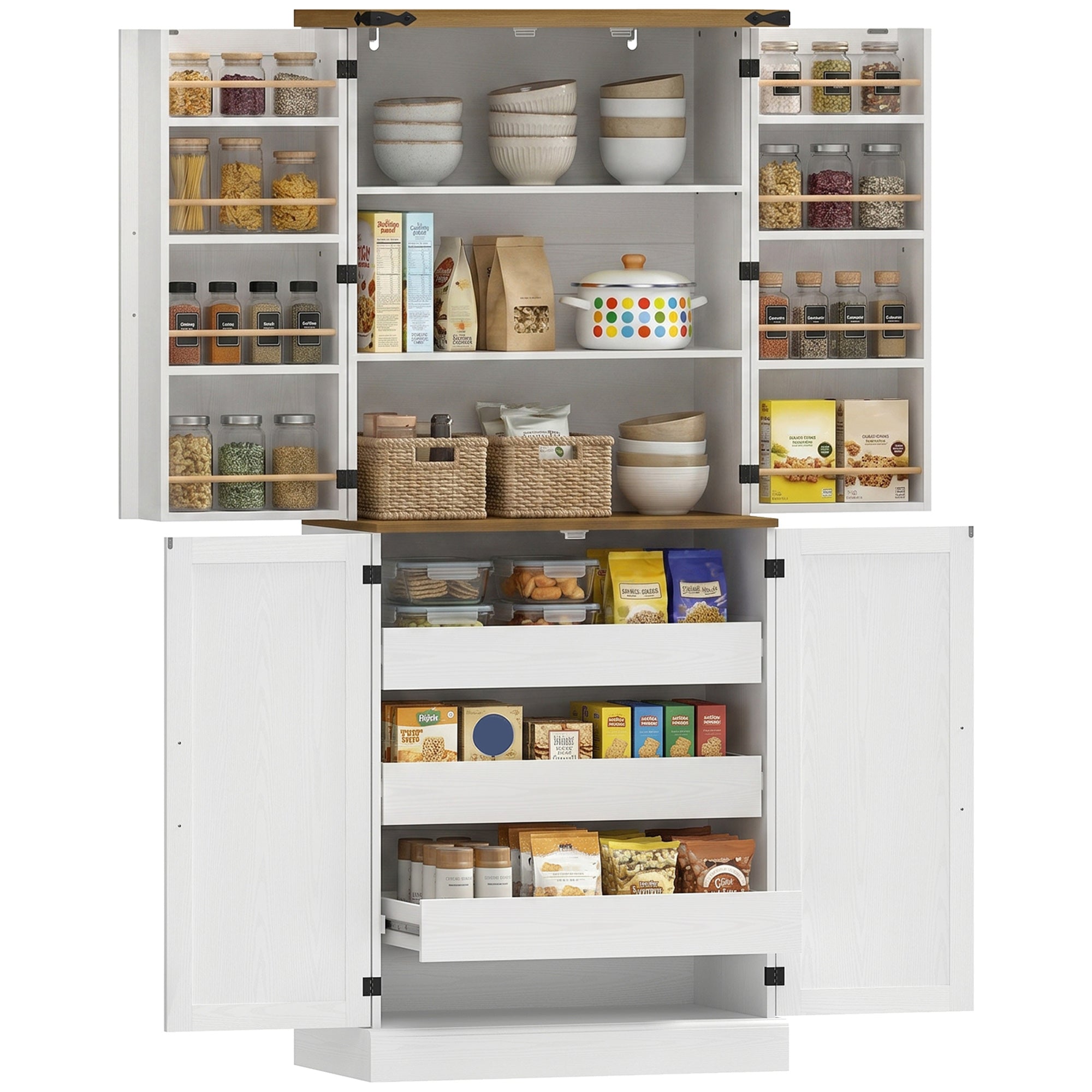 Buffet haut cuisine, armoire de cuisine, vaisselier, 4 portes, 3 tiroirs, 8 porte-racks et étagères réglables, style rustique, meuble de rangement pour salon, salle à manger, 76x40x182cm, blanc
