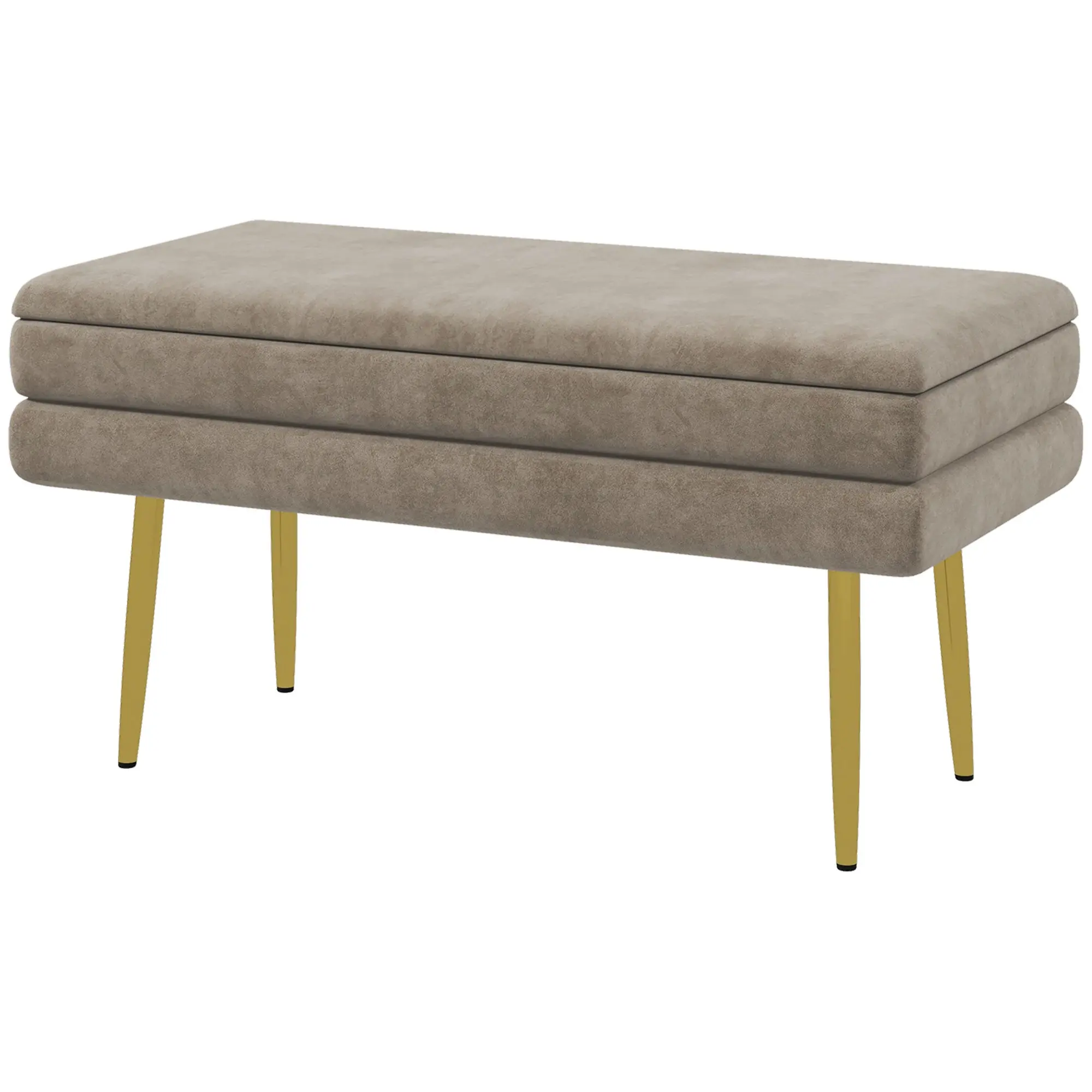Banc de rangement, bout de lit, coffre de rangement avec assise aspect velours et pieds acier, 79,5 x 37,5 x 43 cm, beige et doré
