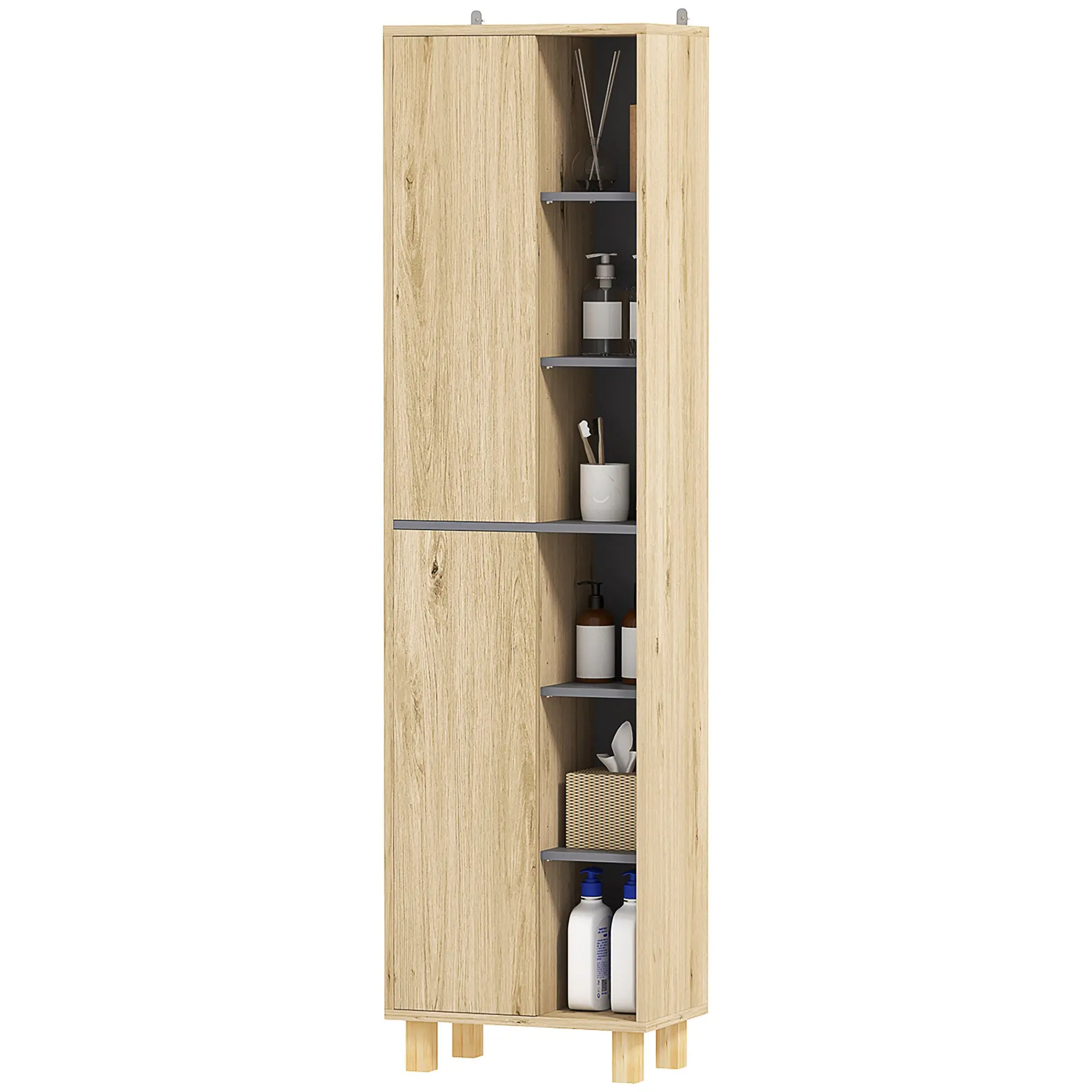 Meuble colonne salle de bain, armoire de salle de bain avec 6 compartiments ouverts et 2 placards, dim. 40l x 24P x 148H cm, bois naturel