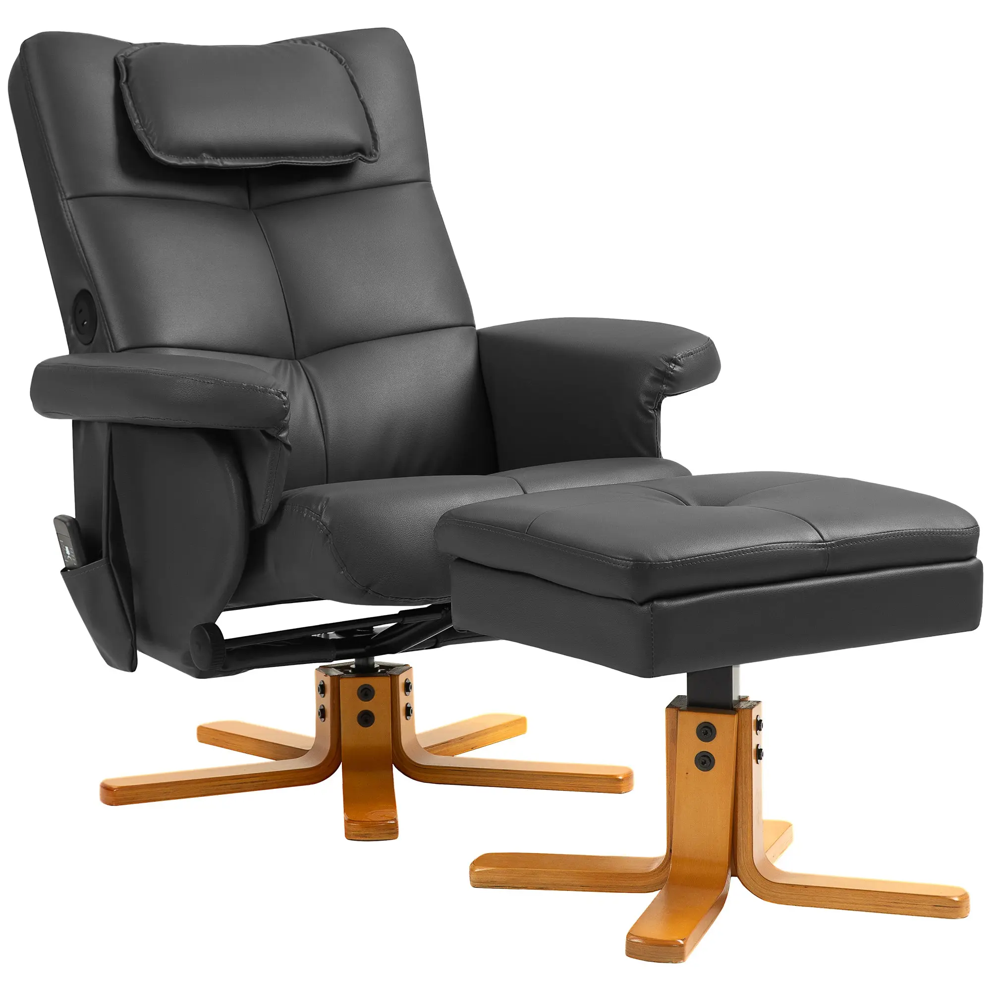 Fauteuil massant avec repose-pied fauteuil relax salon - dossier inclinable jusqu'à 135°, coffre de rangement, appuie-tête et et télécommande - revêtement synthétique noir