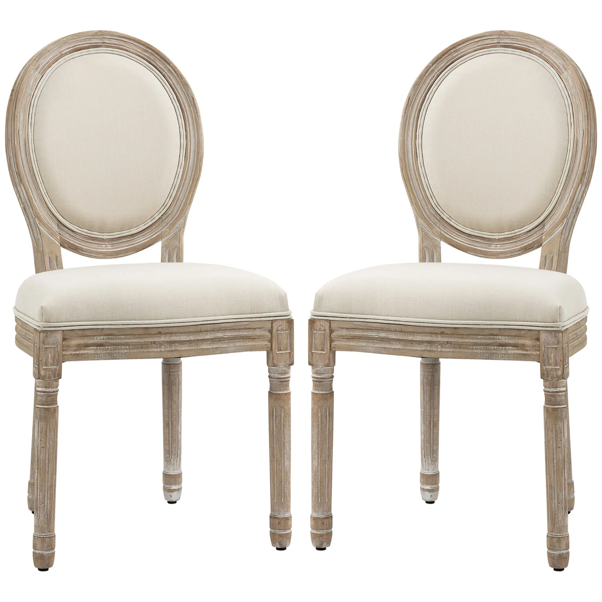 Lot de 2 chaises de Salle à Manger - Chaise de Salon médaillon Style Louis XVI - Bois Massif sculpté, patiné - Aspect Lin Beige