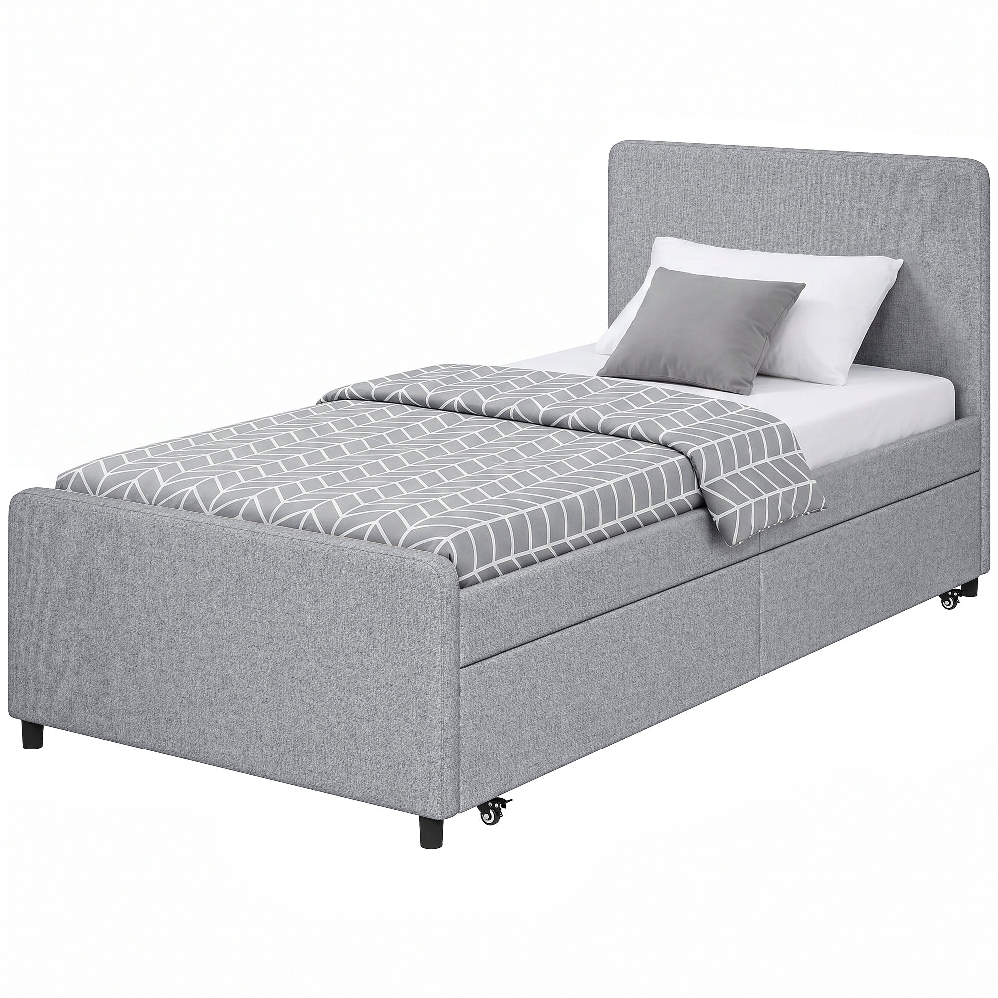 Lit gigogne 90 x 190 cm, cadre de lit simple/double avec sommier à lattes en métal, tête et pied rembourrés en tissu aspect lin, charge 400 Kg, montage facile, gris clair (sans matelas)