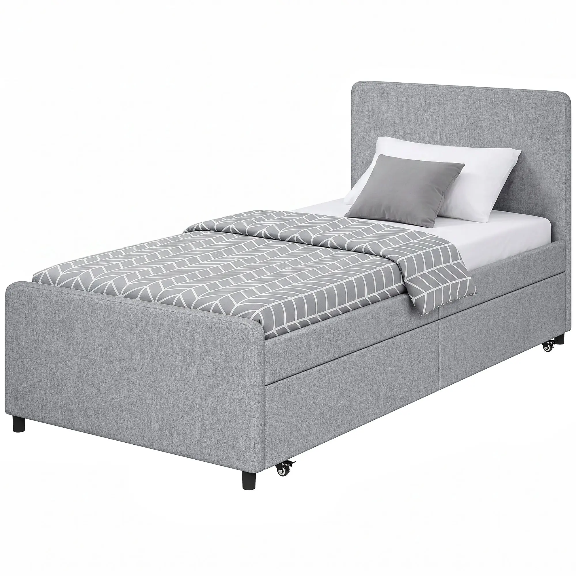 Lit gigogne 90 x 190 cm, cadre de lit simple/double avec sommier à lattes en métal, tête et pied rembourrés en tissu aspect lin, charge 400 Kg, montage facile, gris clair (sans matelas)