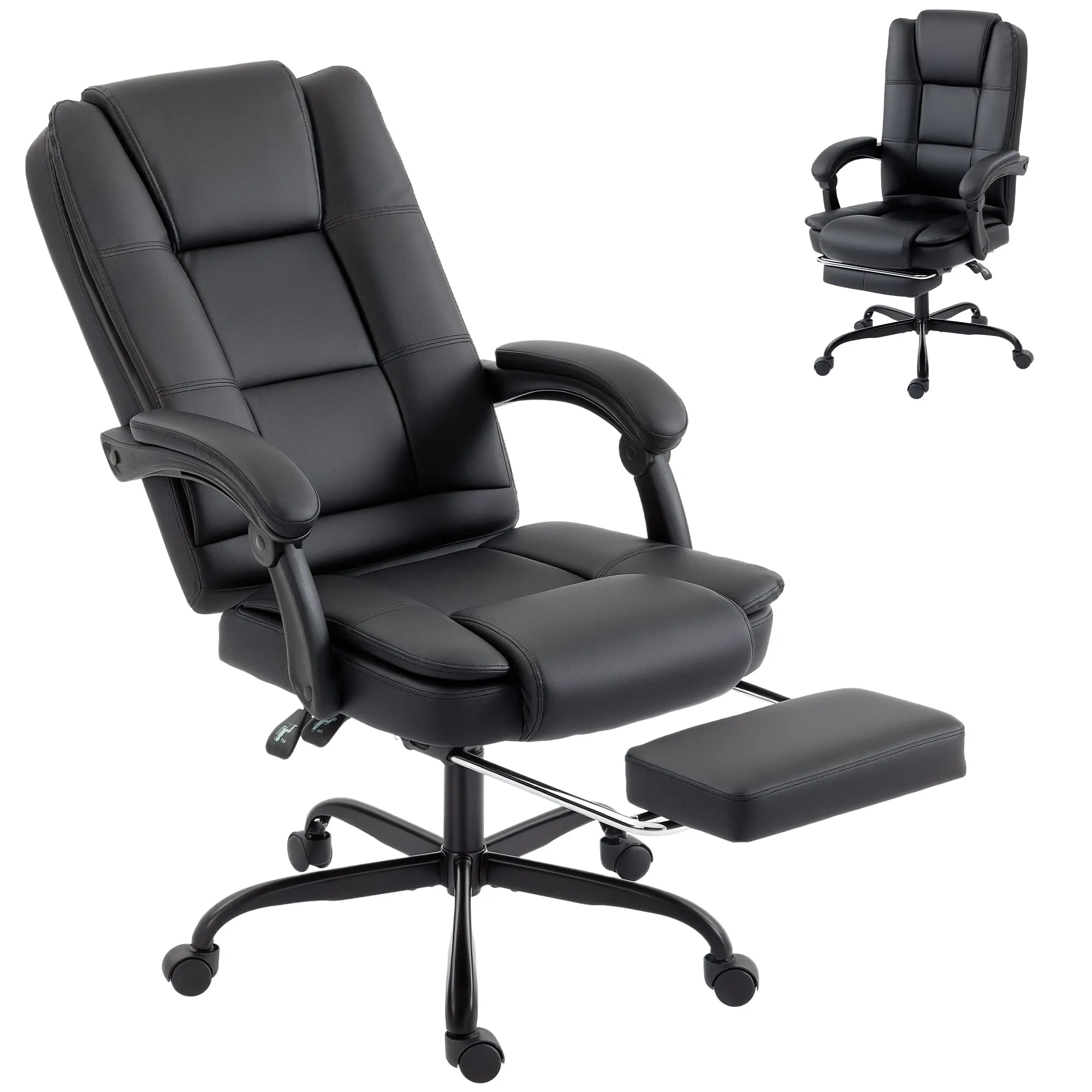Chaise de Bureau Ergonomique, Fauteuil de Bureau Inclinable en PU avec Repose-Pieds Rétractable, Hauteur Réglable, Dossier Haut, Coussin épais, Accoudoirs Liés, Pivotant 360°, Noir