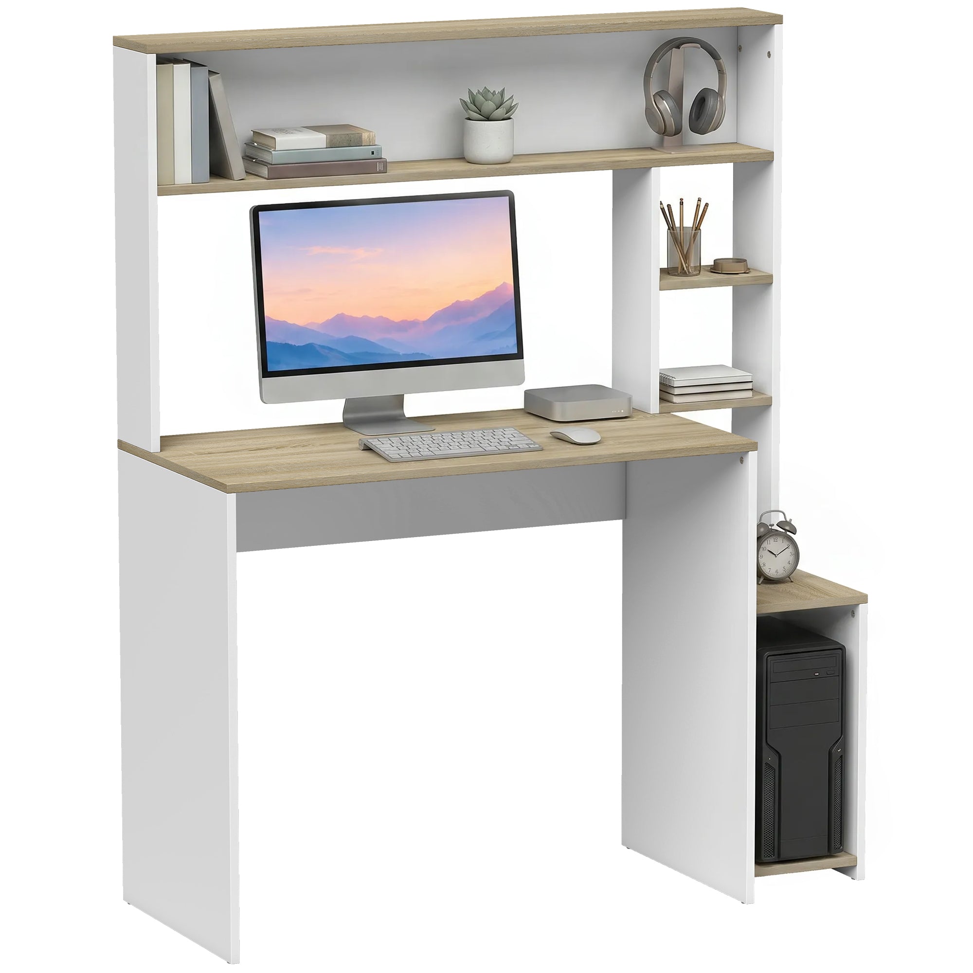 Bureau Informatique, 114x45x138cm, Bureau avec Rangement, Étagères Ouvertes, Large Plateau et Support UC, Table d'Ordinateur Moderne pour Chambre, Domicile, Petit Espace, Blanc et Bois Naturel