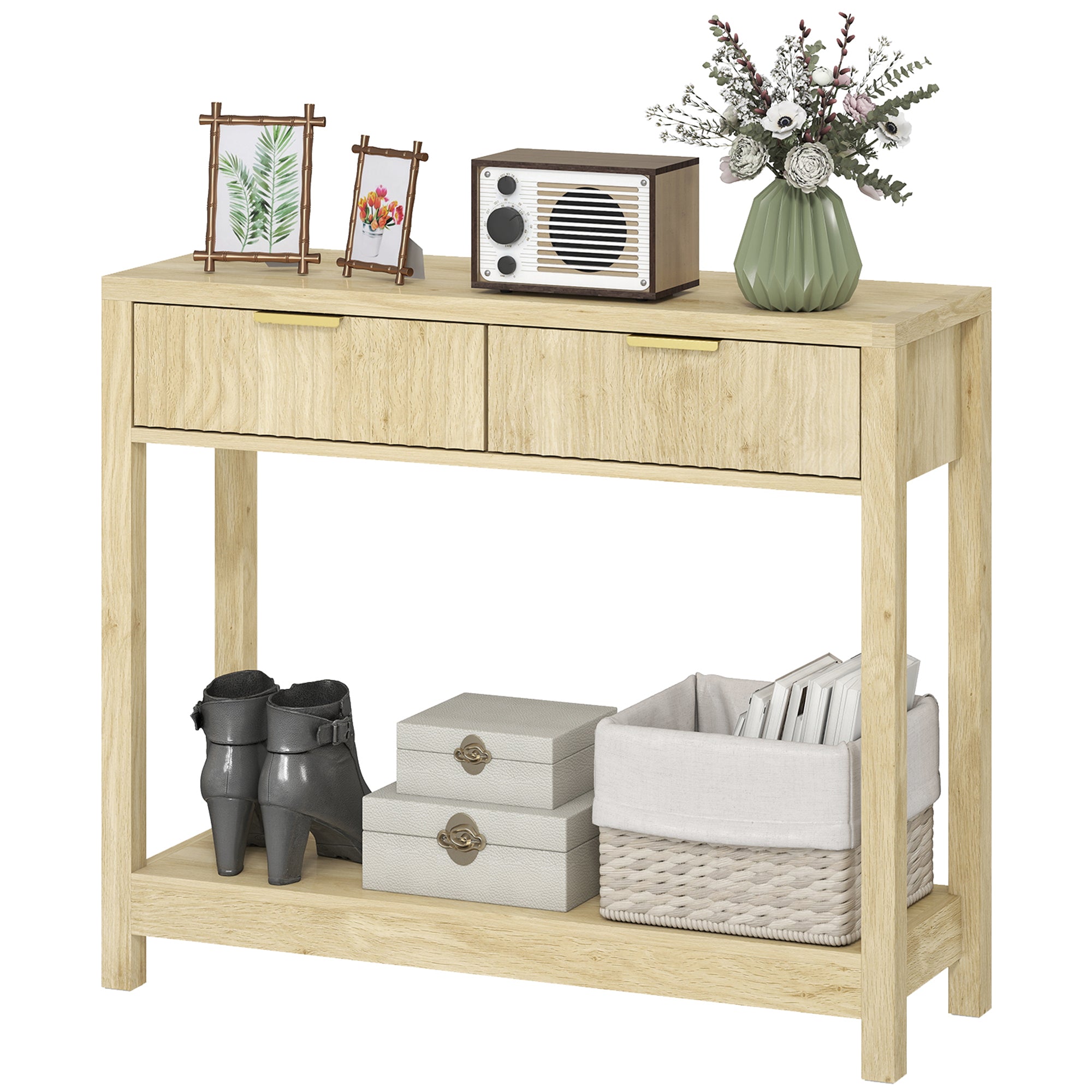 Console meuble 90 cm, table console étroite avec 2 tiroirs rainurés et étagère, style moderne, table d'entrée, couloir, salon, petits espaces, bois naturel